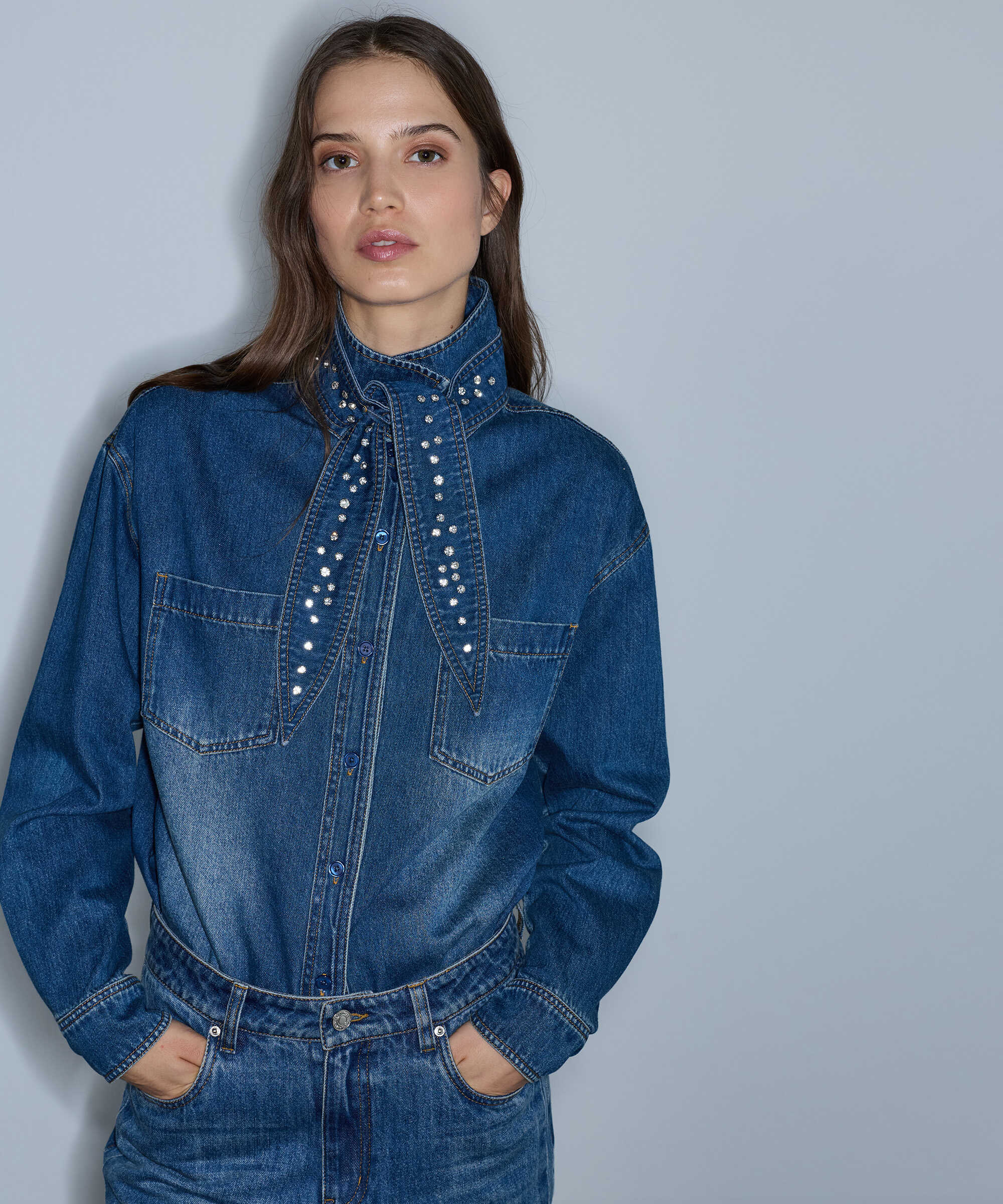 Çıkarılabilir fularlı denim gömlek - IW6260025145629 - İndigo GOMLEK