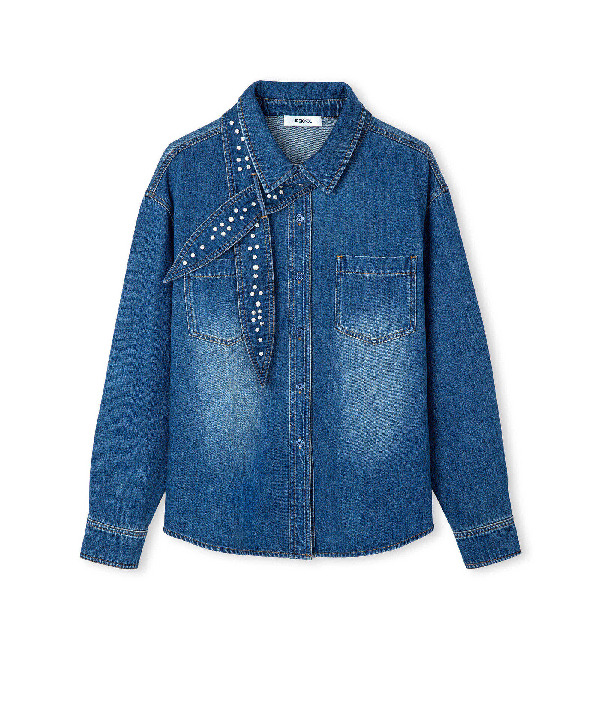 Çıkarılabilir fularlı denim gömlek - IW6260025145629 - İndigo GOMLEK