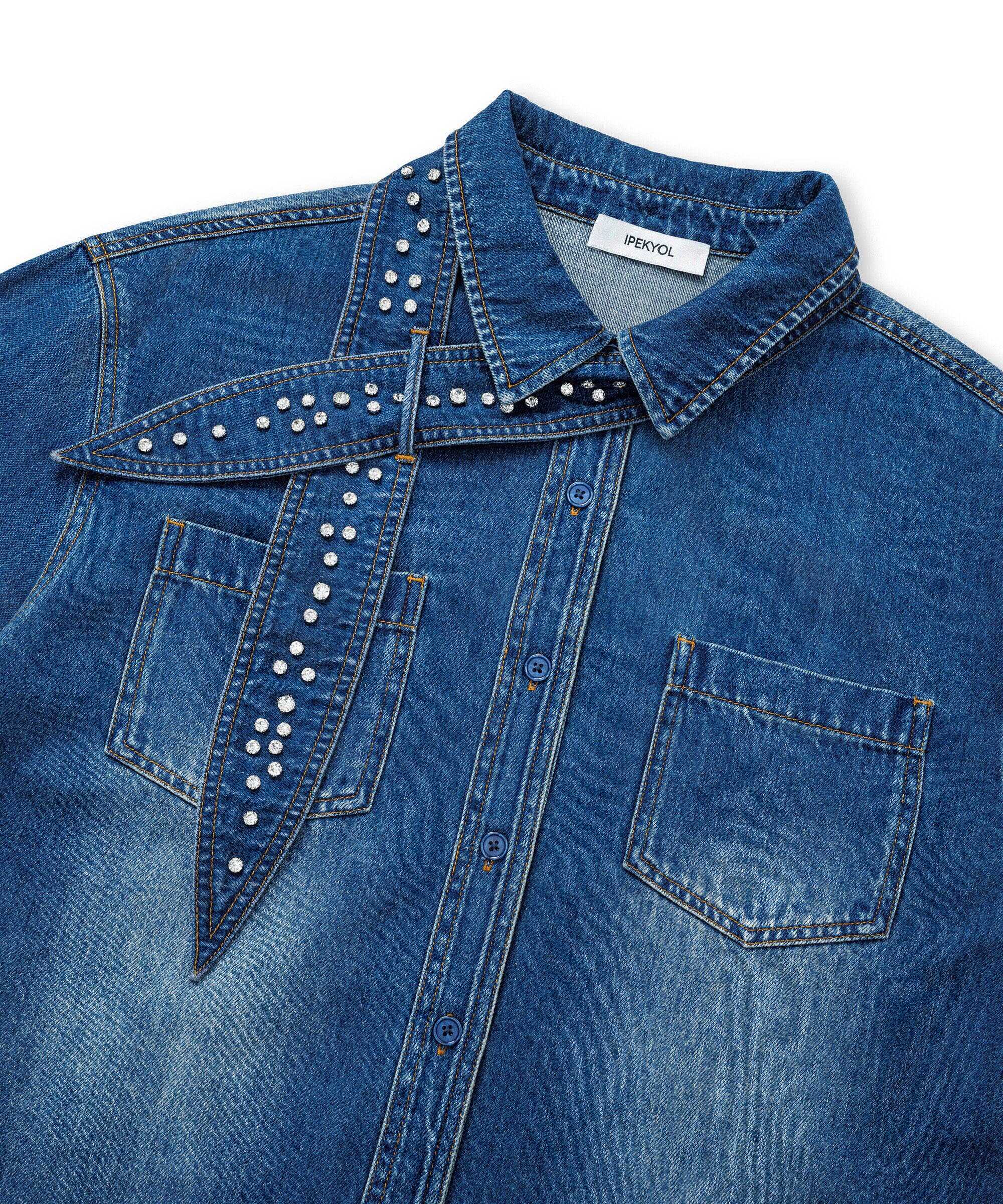 Çıkarılabilir fularlı denim gömlek - IW6260025145629 - İndigo GOMLEK