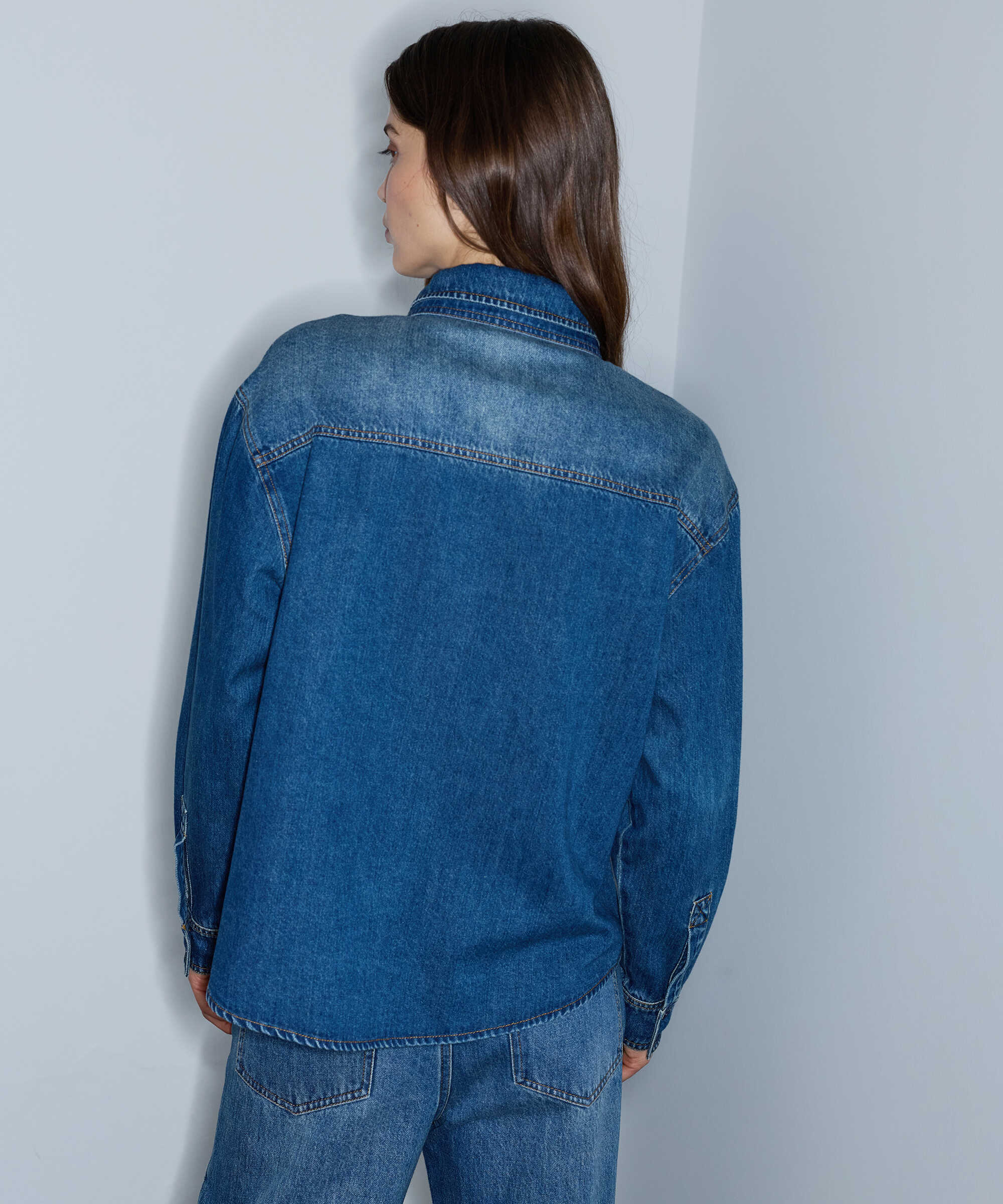 Çıkarılabilir fularlı denim gömlek - IW6260025145629 - İndigo GOMLEK