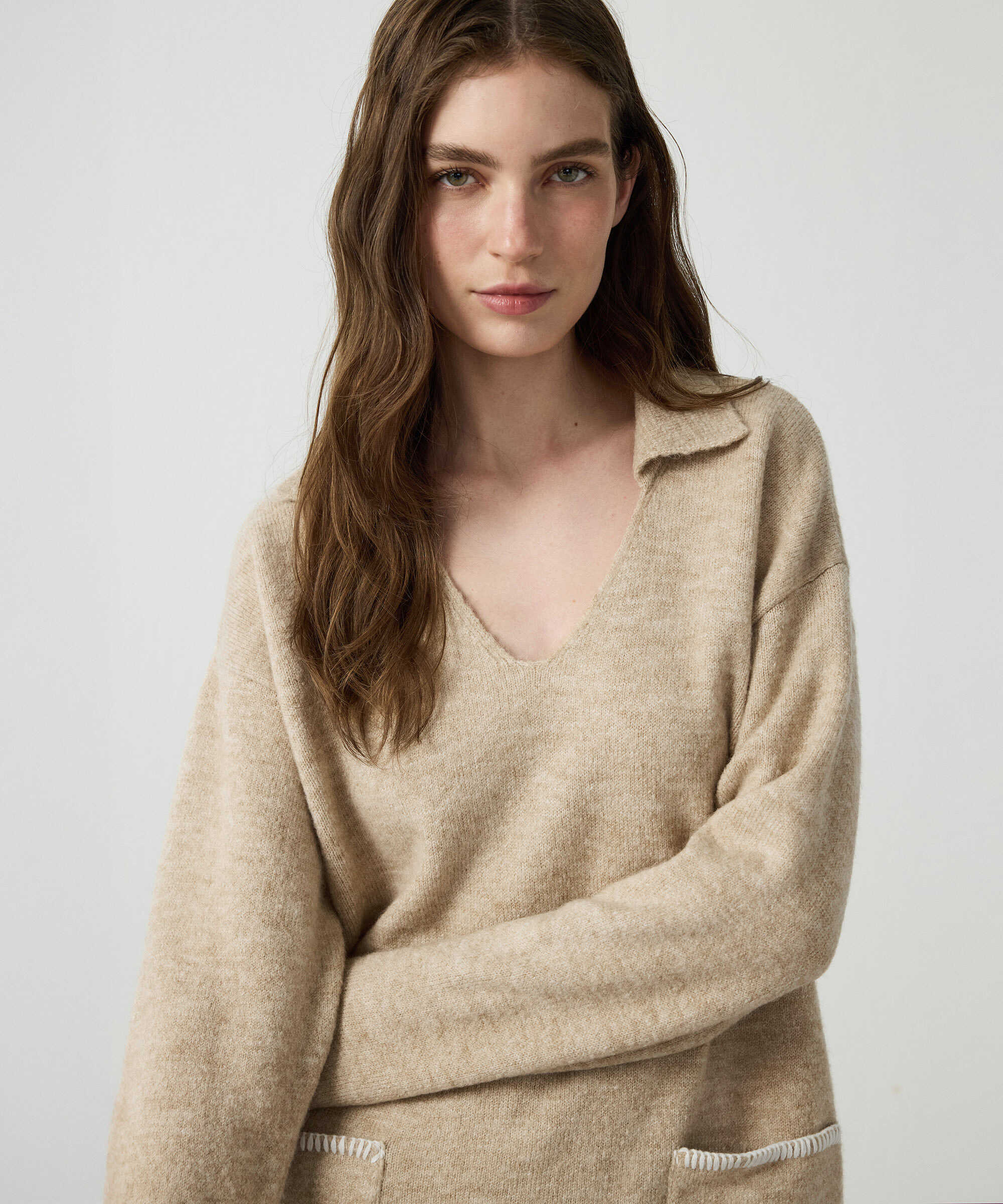 Kontrast dikişli oversize kazak - IW6260050113014 - Vizon Triko