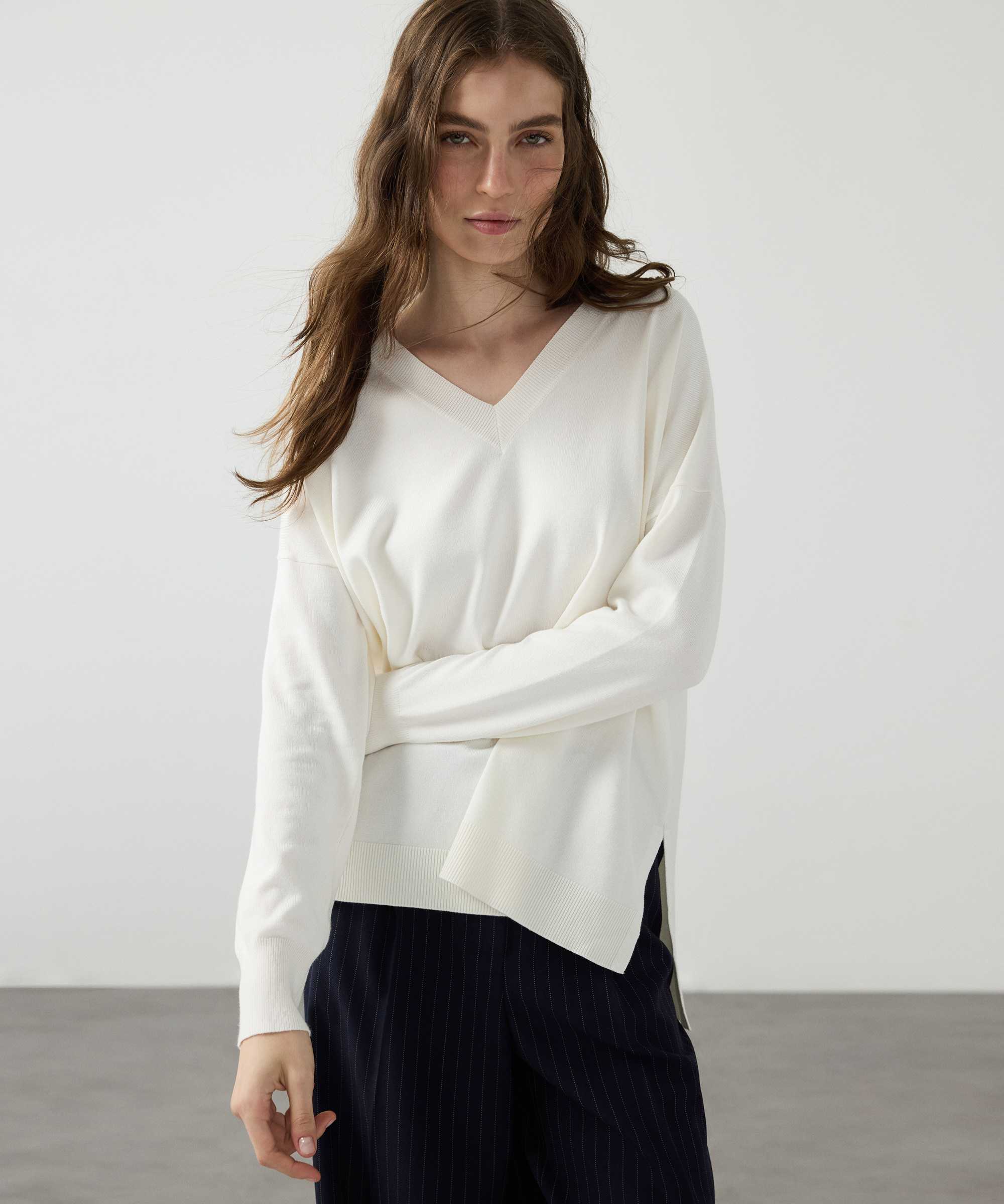 V yaka basic triko - IW6260050131018 - Ekru Triko