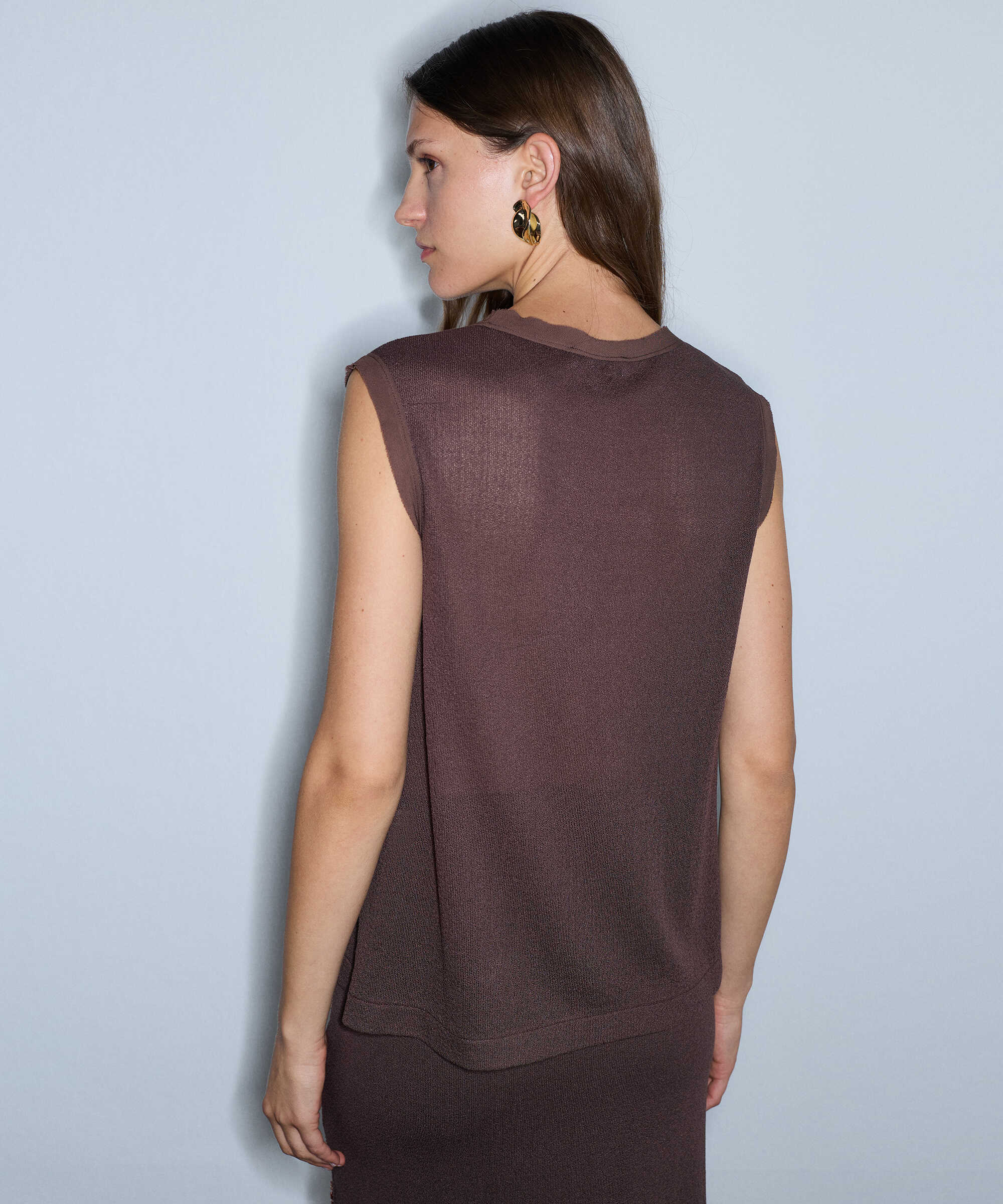 Kumaş mix işlemeli triko - IW6260050161074 - Kahverengi Triko