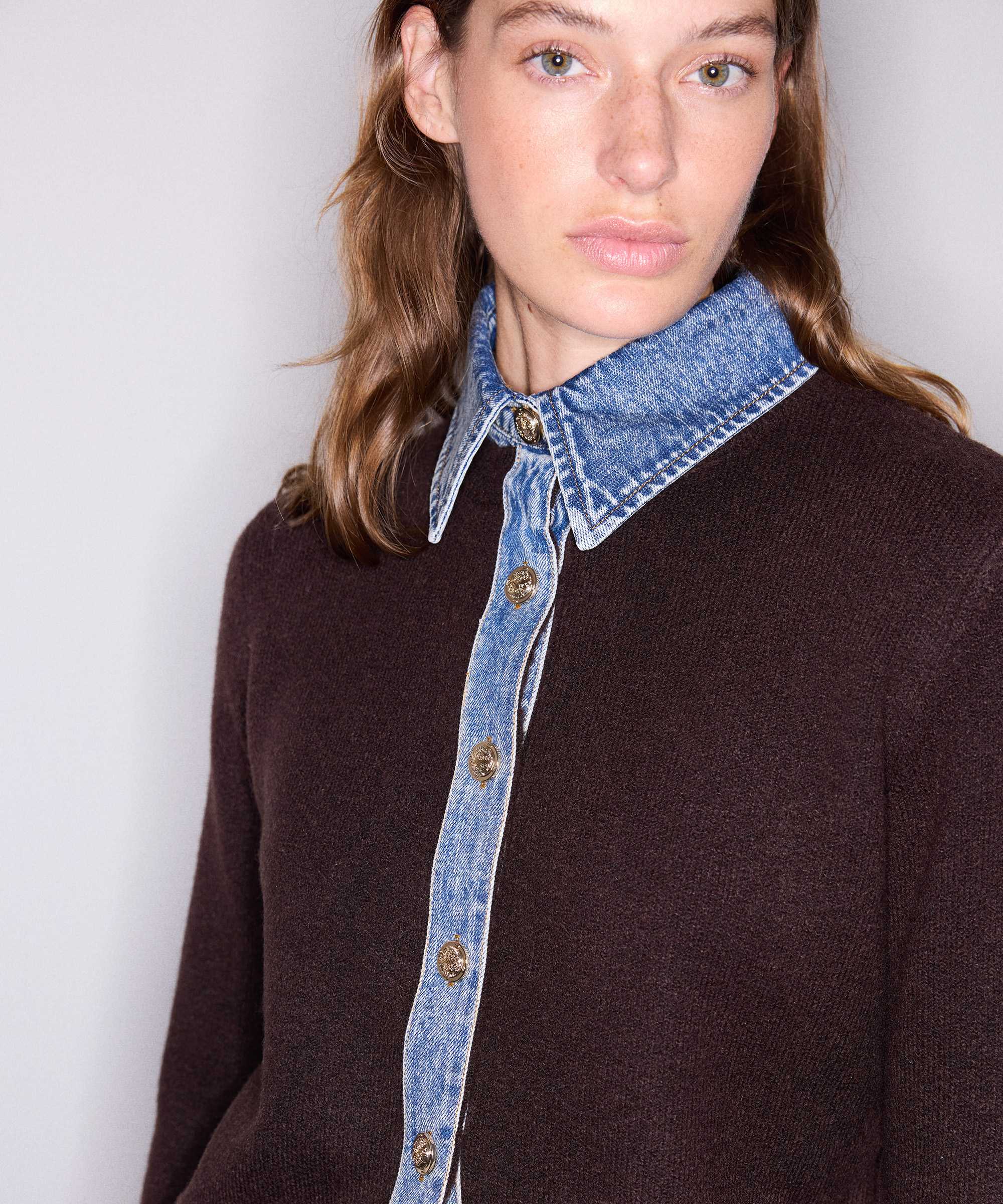 Çift parça görünüm denim mix triko - IW6260050193186 - Kahve Triko