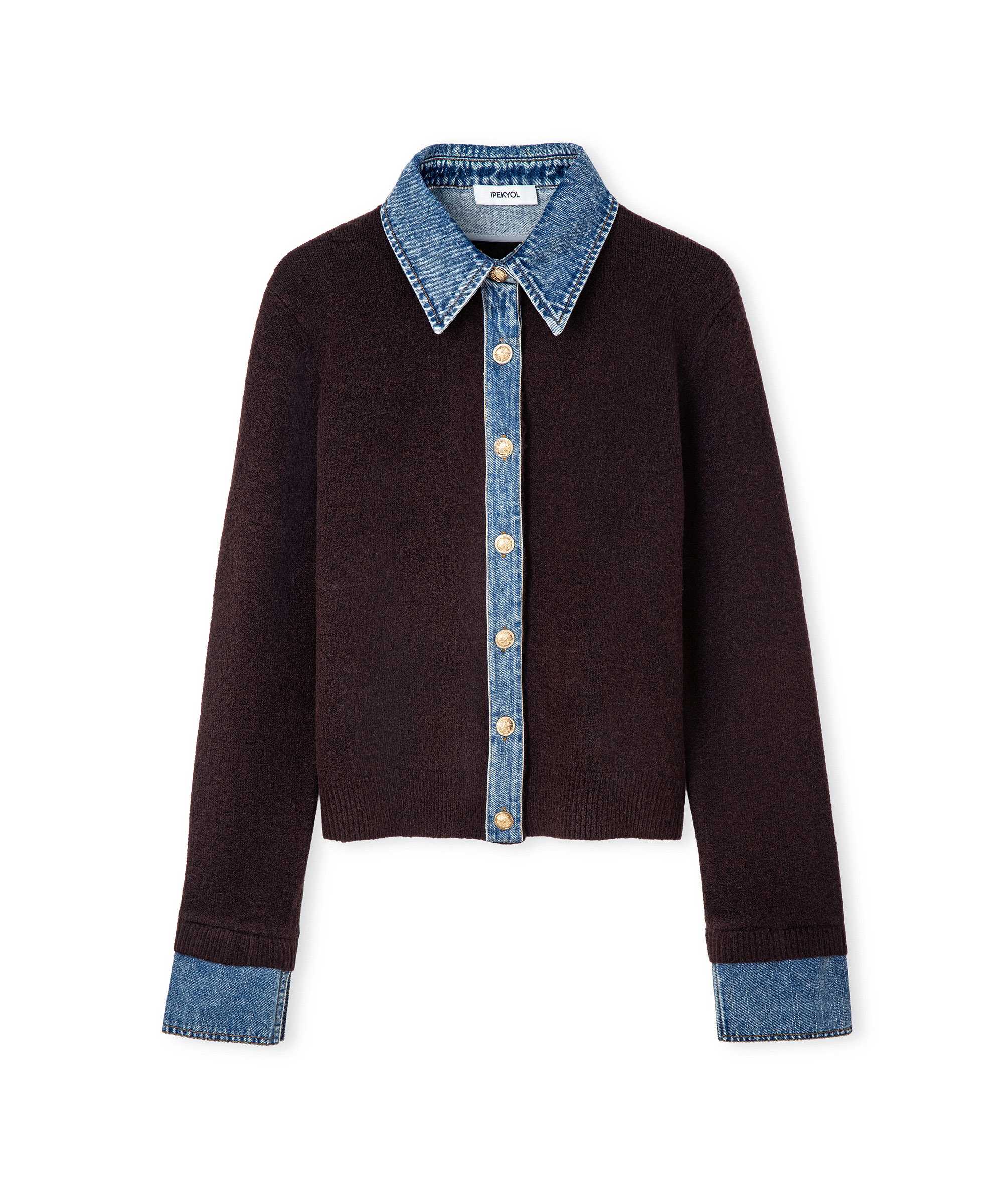 Çift parça görünüm denim mix triko - IW6260050193186 - Kahve Triko