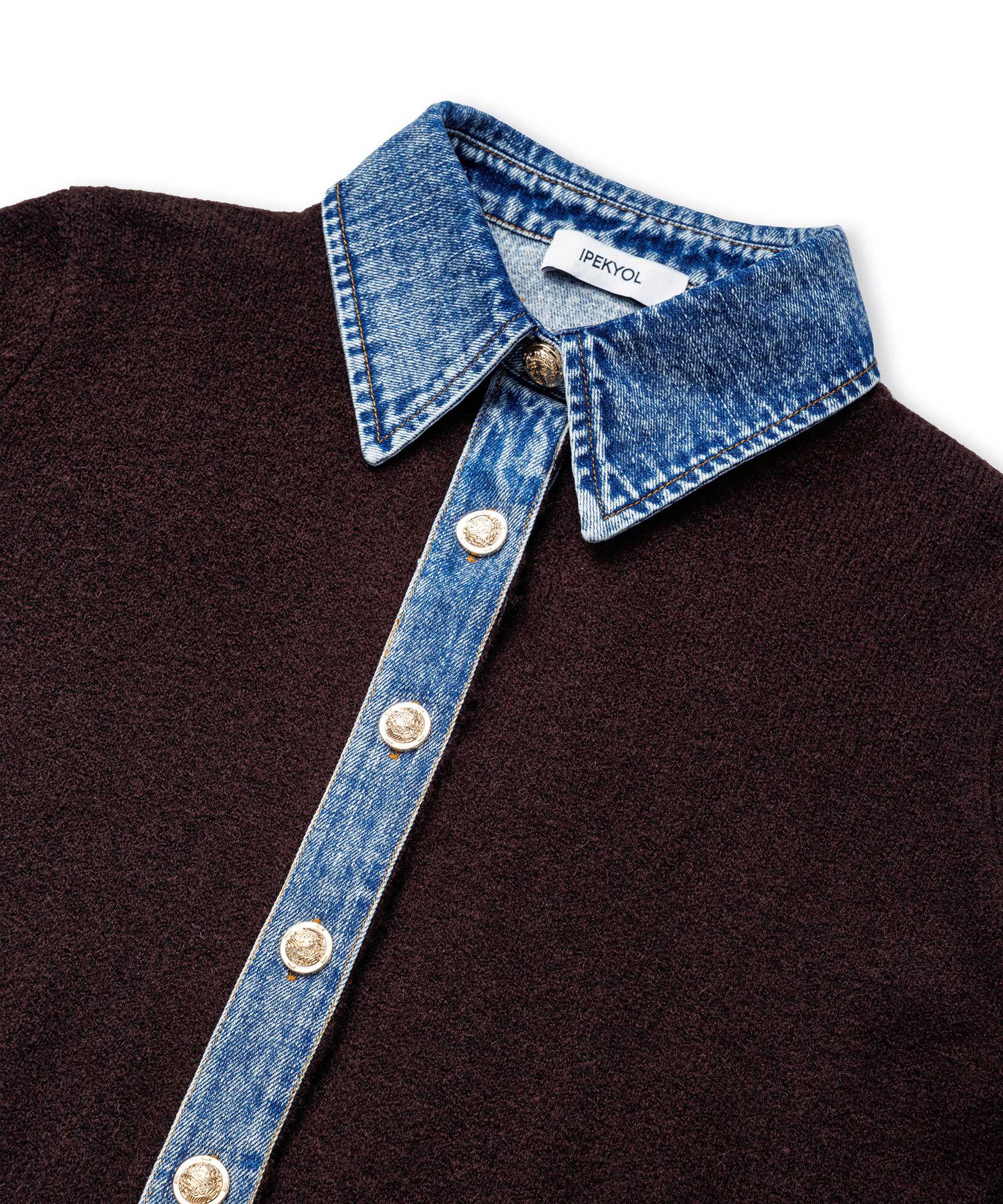 Çift parça görünüm denim mix triko - IW6260050193186 - Kahve Triko