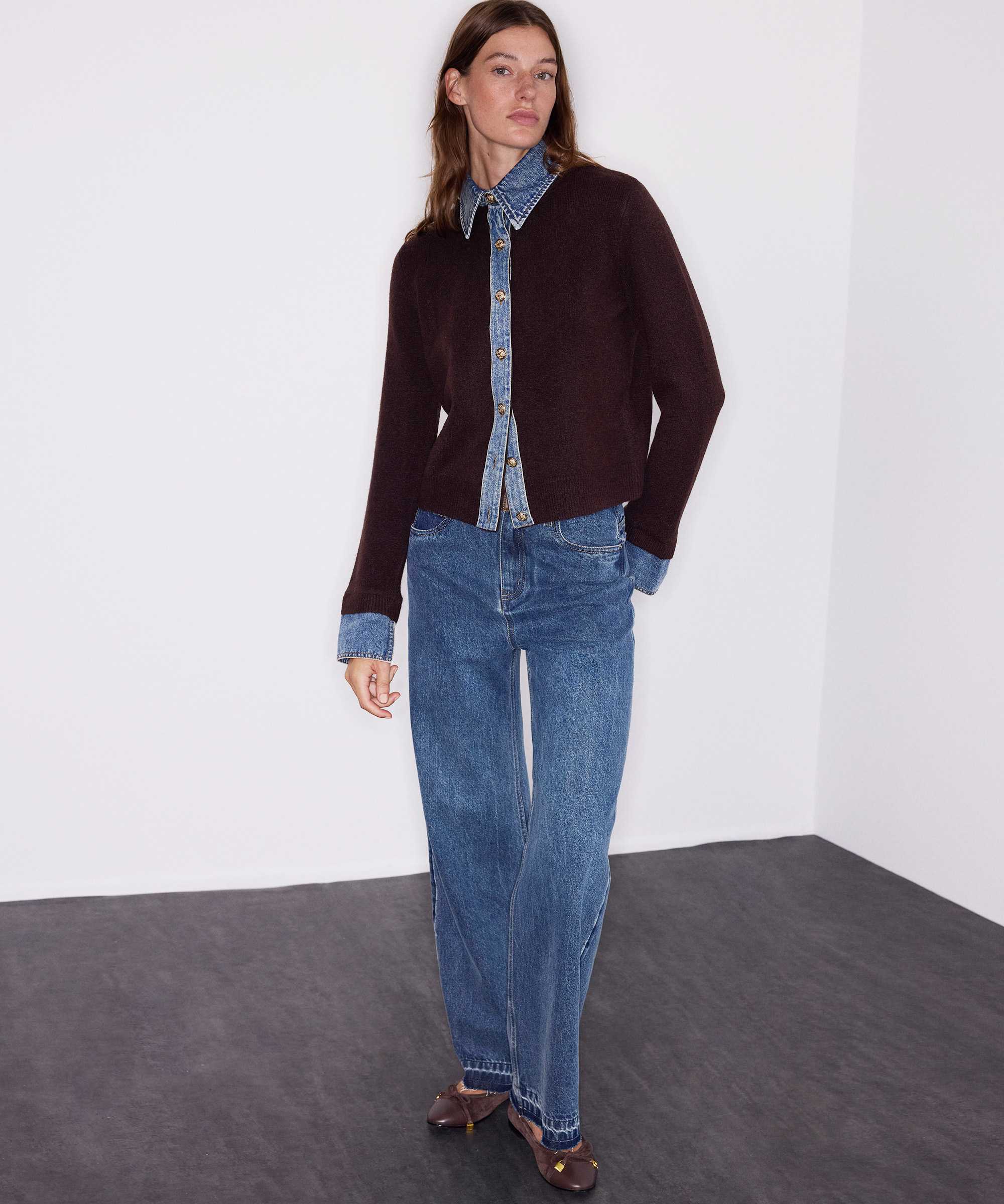 Çift parça görünüm denim mix triko - IW6260050193186 - Kahve Triko