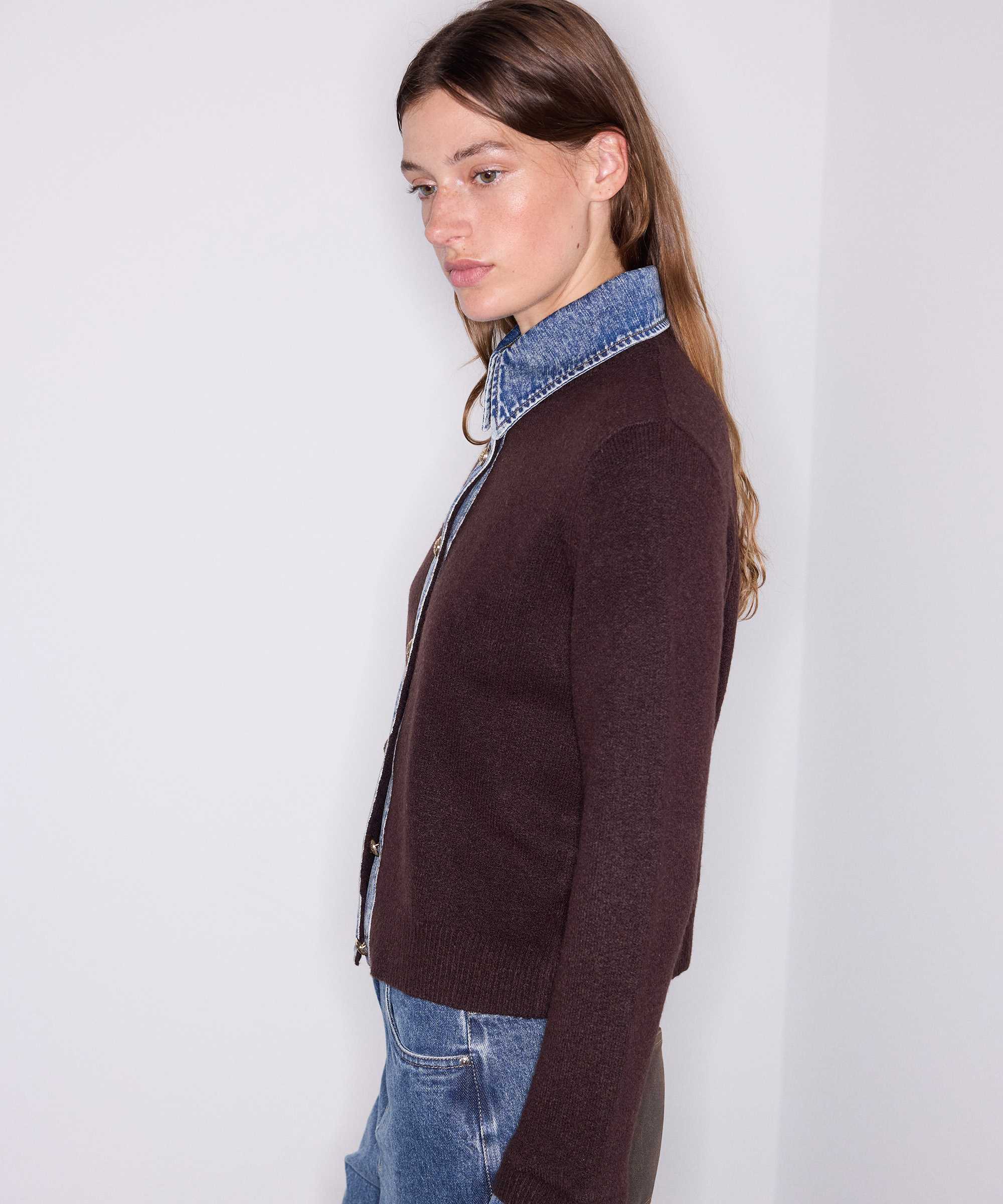 Çift parça görünüm denim mix triko - IW6260050193186 - Kahve Triko