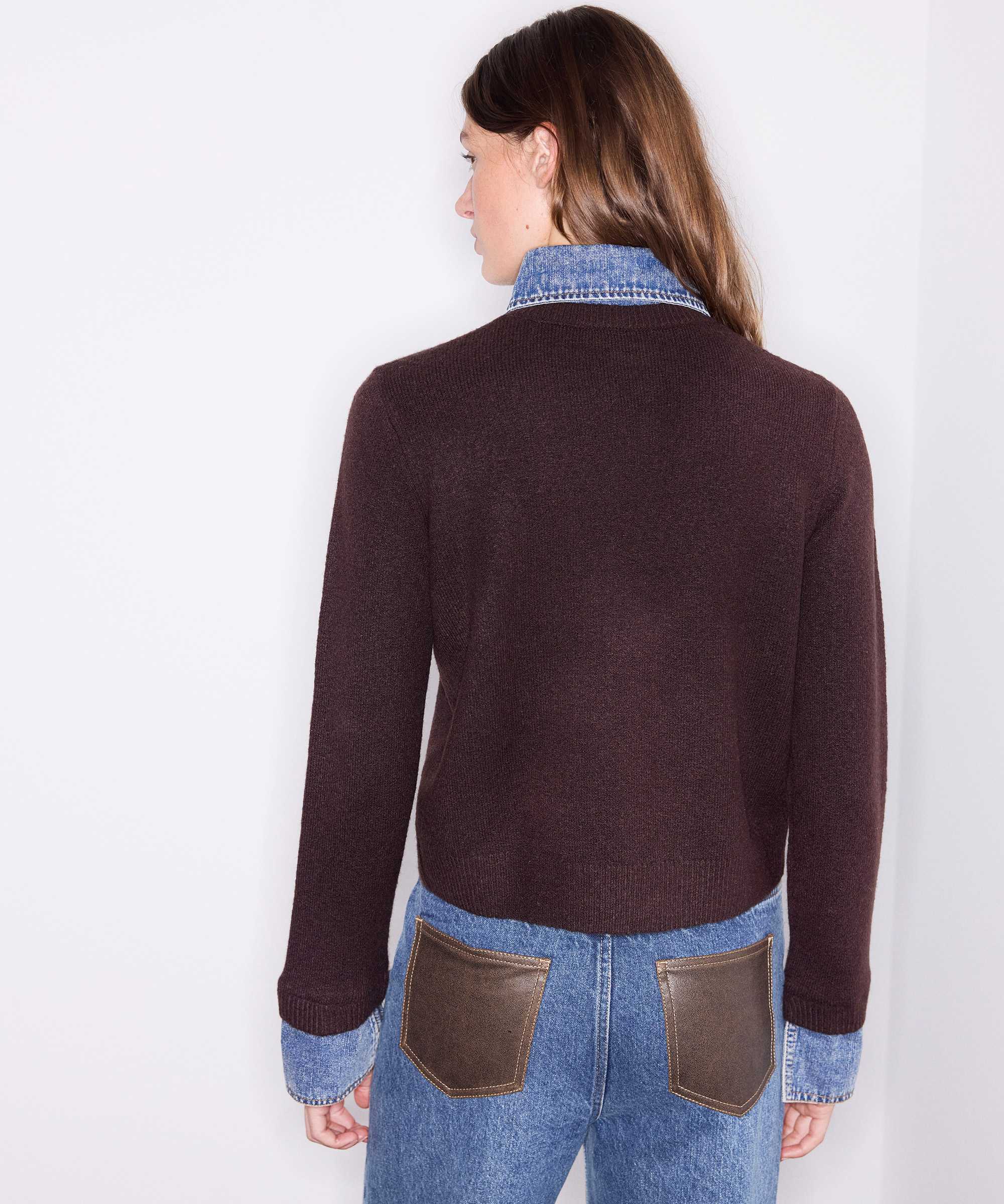 Çift parça görünüm denim mix triko - IW6260050193186 - Kahve Triko