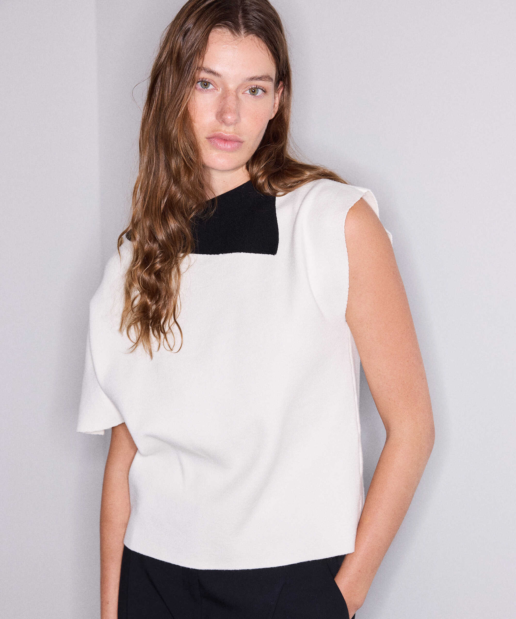 Asimetrik colorblock triko - IW6260050197018 - Ekru Triko