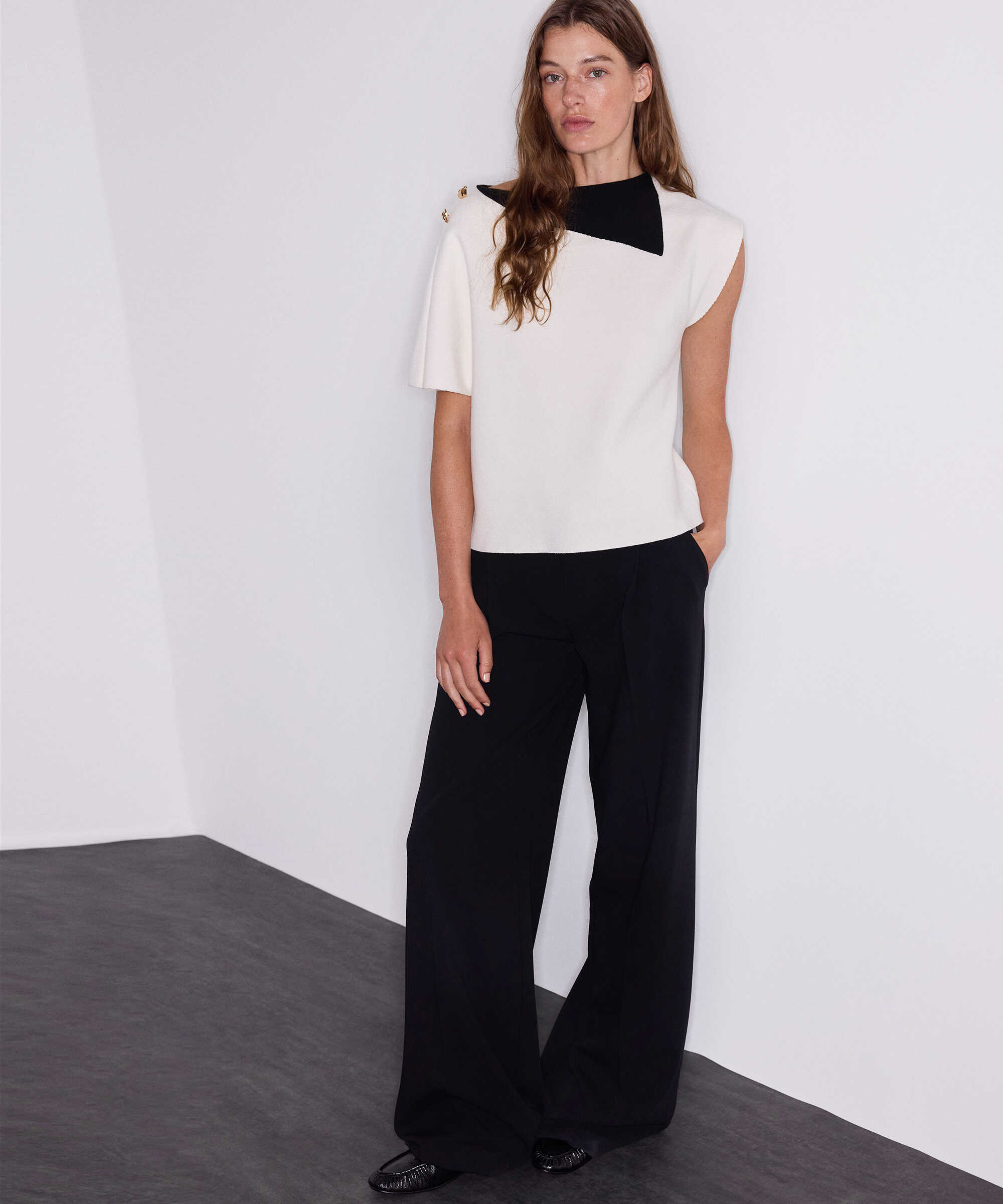 Asimetrik colorblock triko - IW6260050197018 - Ekru Triko