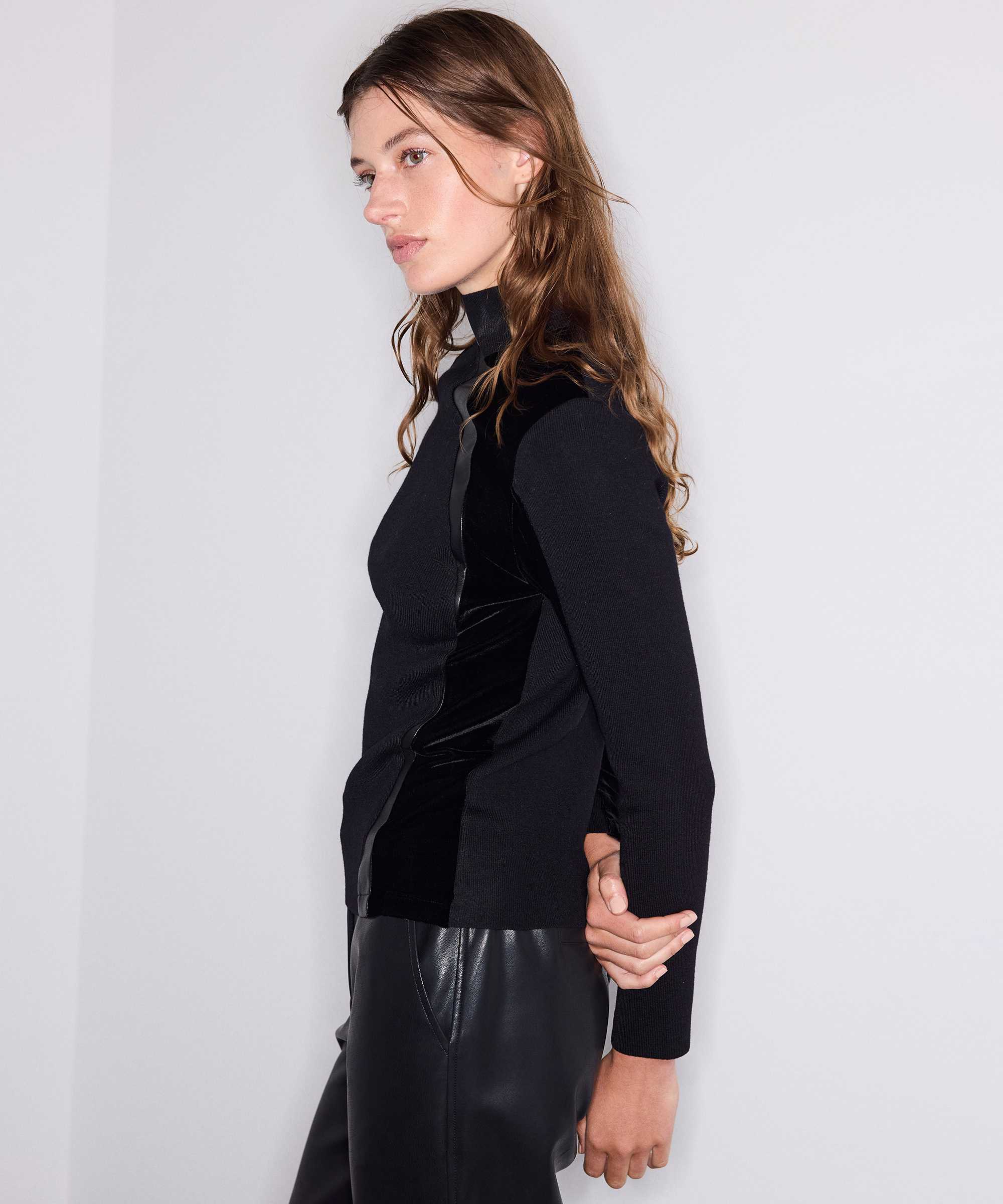 Kumaş mix dik yaka triko - IW6260050259001 - Siyah Triko