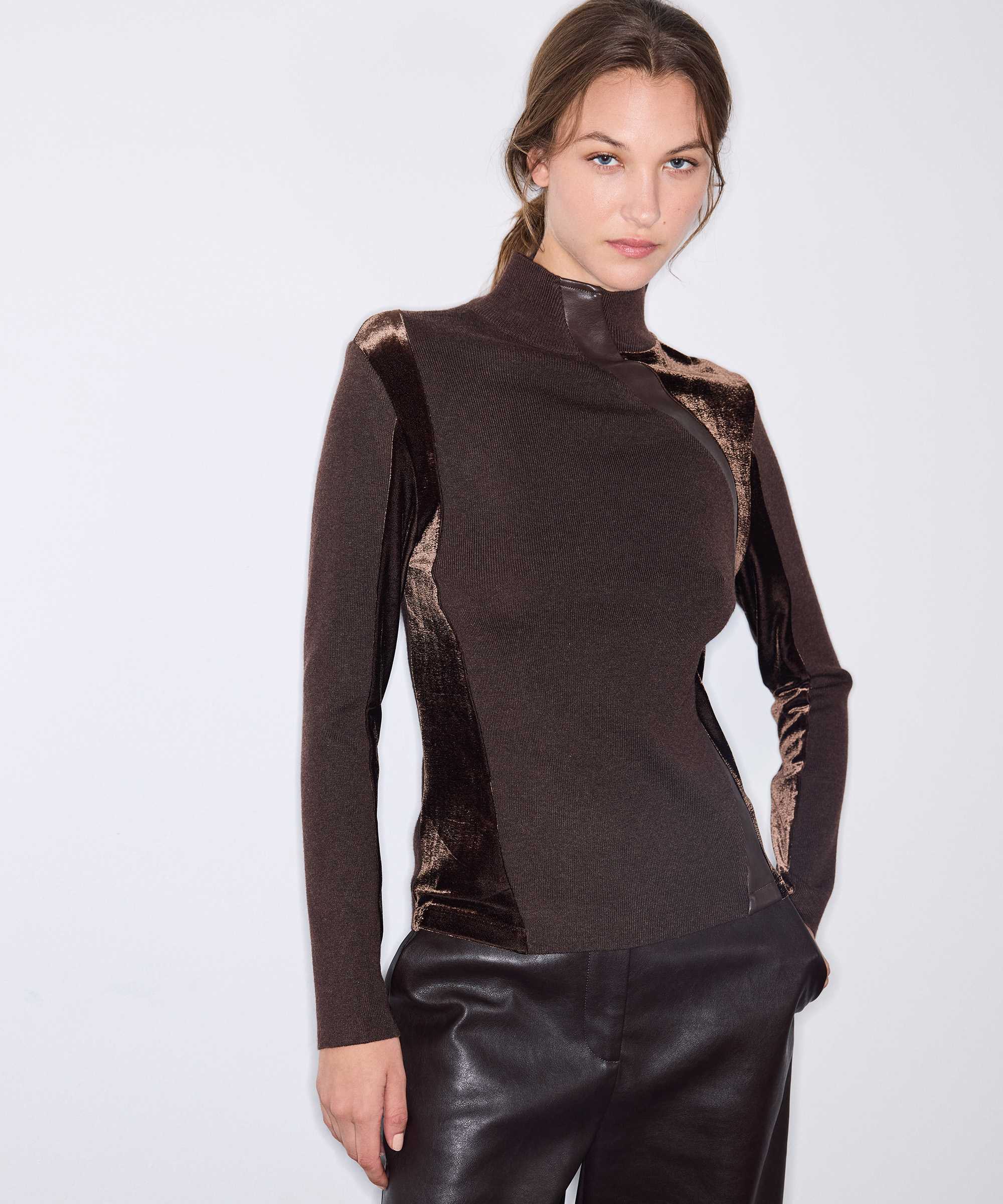 Kumaş mix dik yaka triko - IW6260050259006 - Koyu Kahverengi Triko