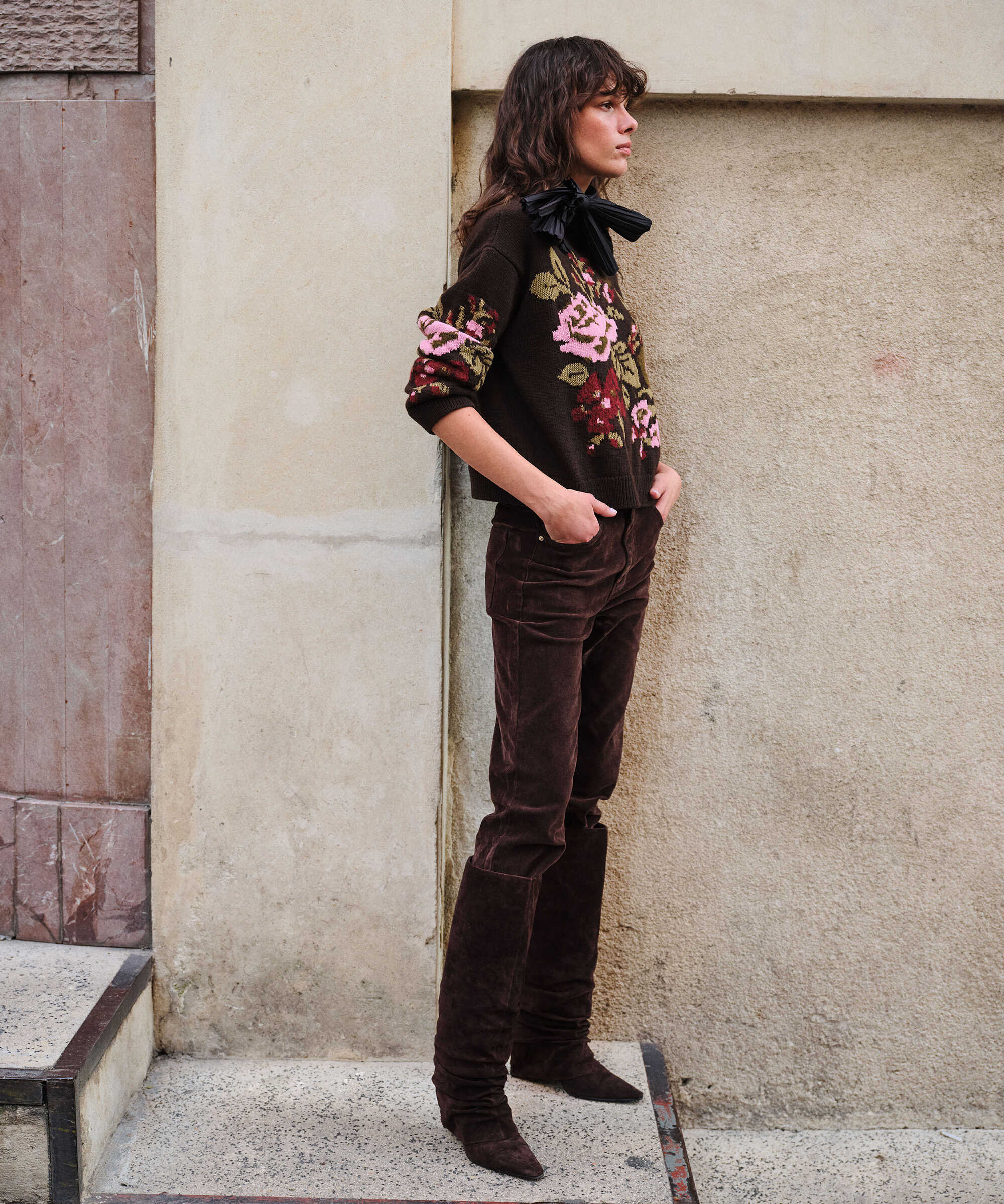 Floral jakarlı kazak - IW6260050302006 - Koyu Kahverengi Triko