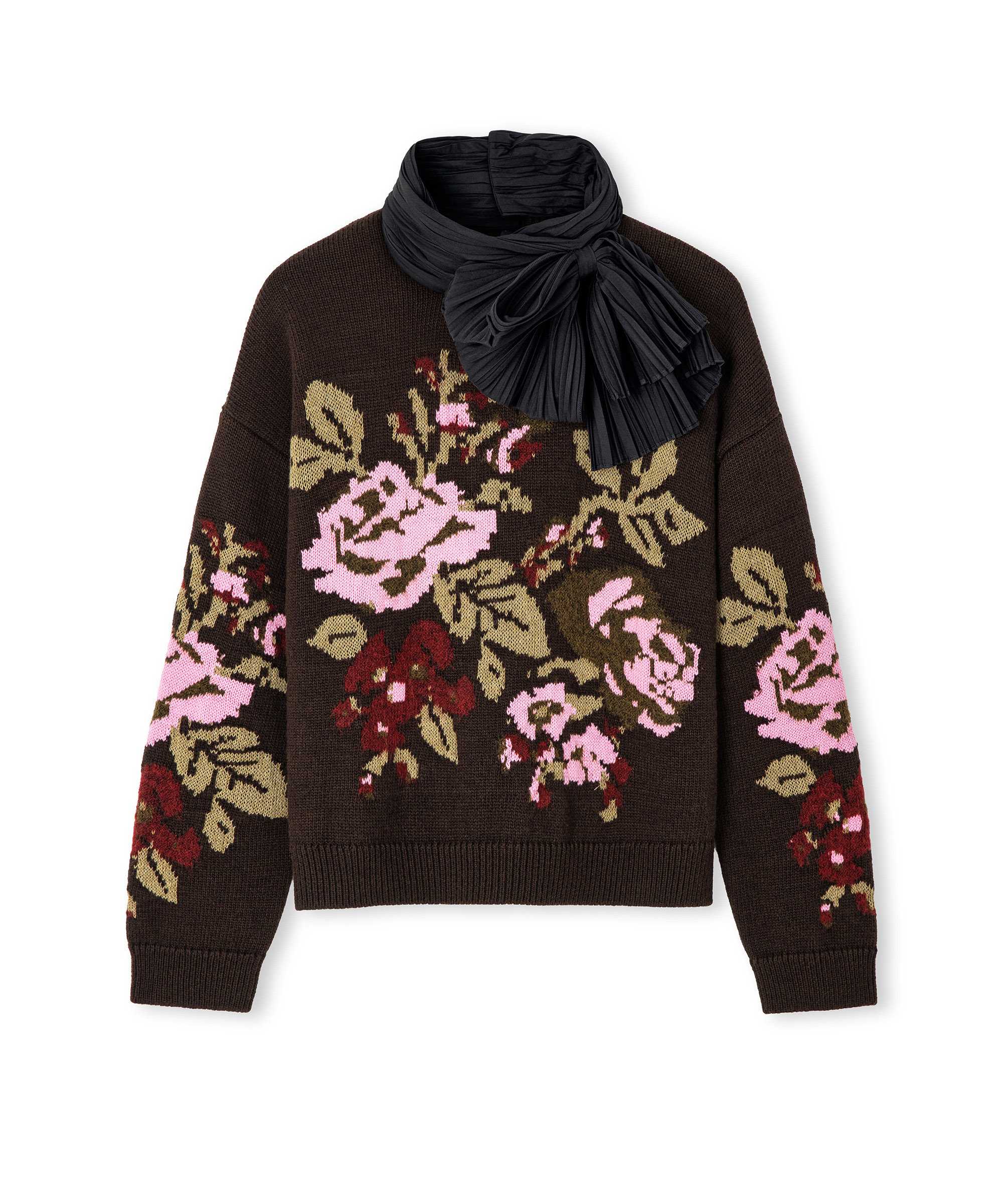 Floral jakarlı kazak - IW6260050302006 - Koyu Kahverengi Triko