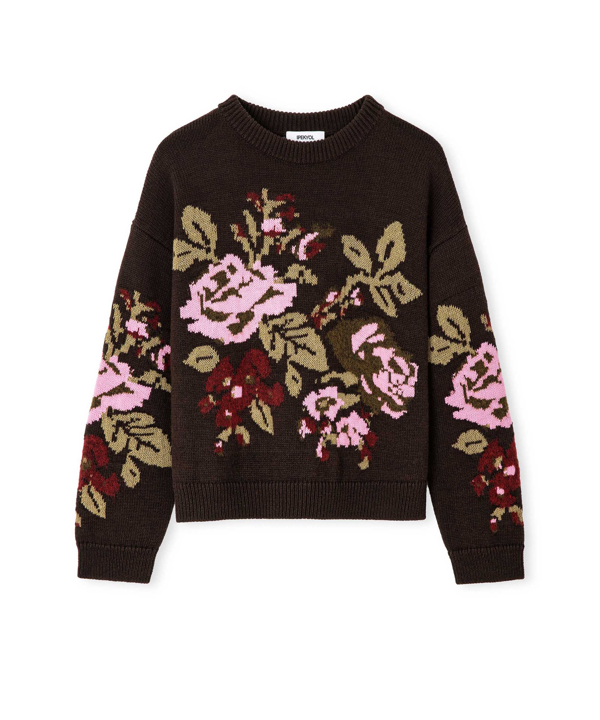 Floral jakarlı kazak - IW6260050302006 - Koyu Kahverengi Triko