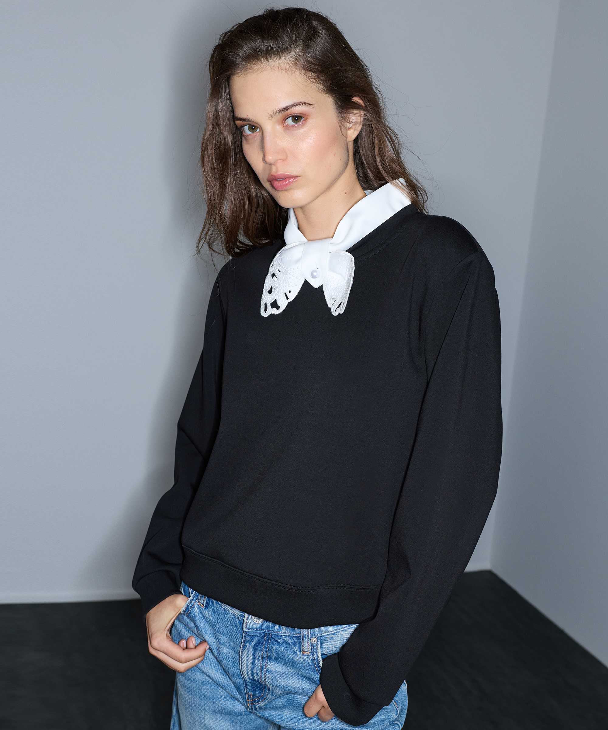 Yakası bağlamalı sweatshirt - IW6260091105001 - Siyah Sweatshırt