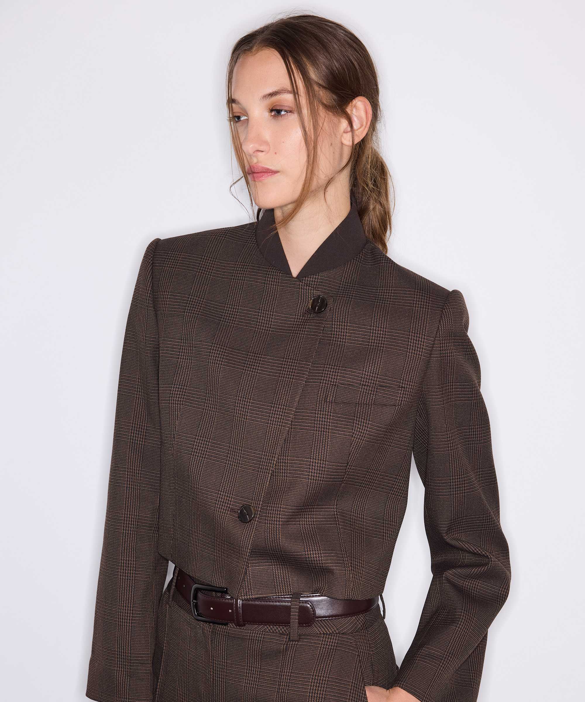 Ekose desen kontrast yaka blazer - IW6260106126074 - Kahverengi Blazer