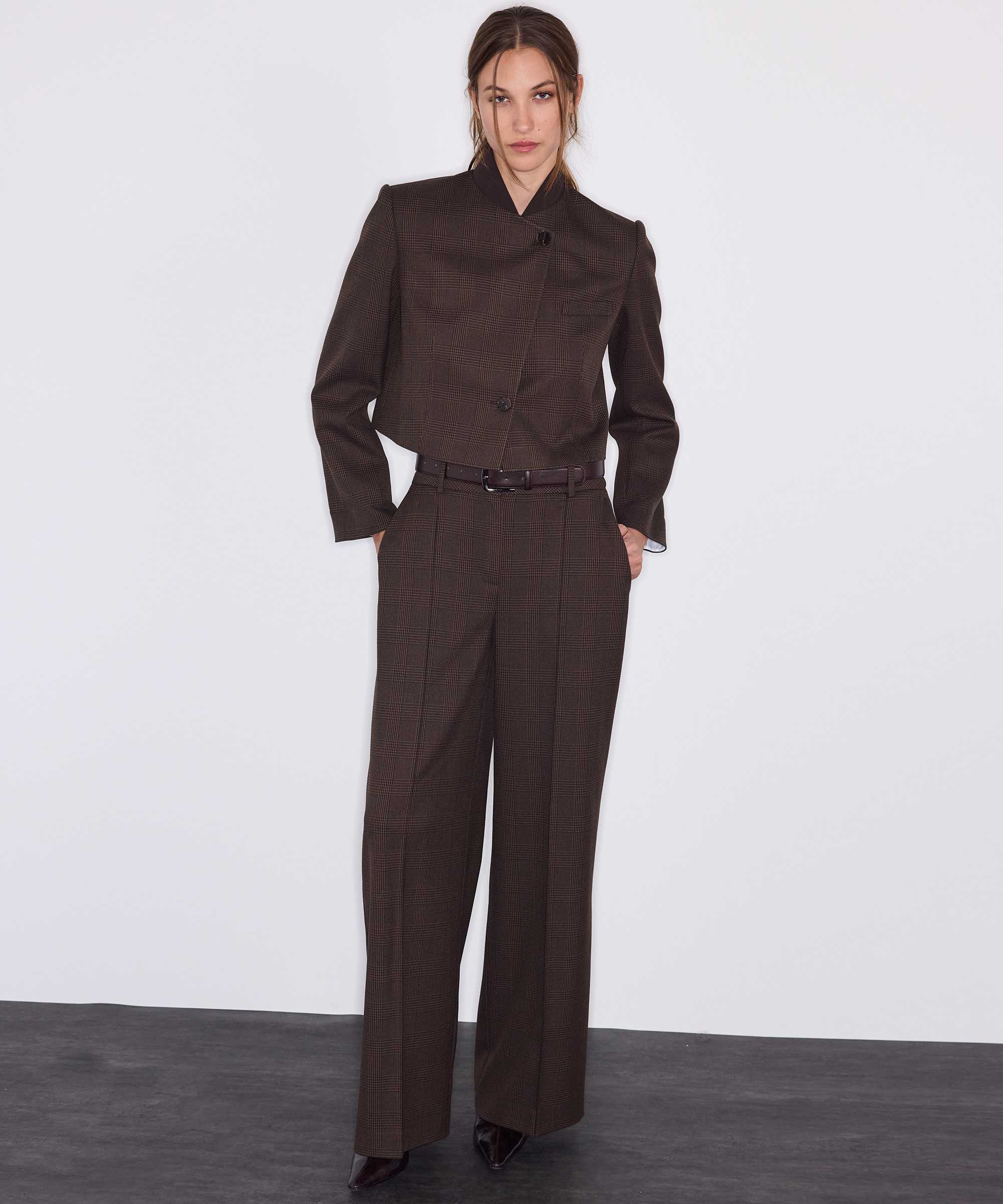 Ekose desen kontrast yaka blazer - IW6260106126074 - Kahverengi Blazer