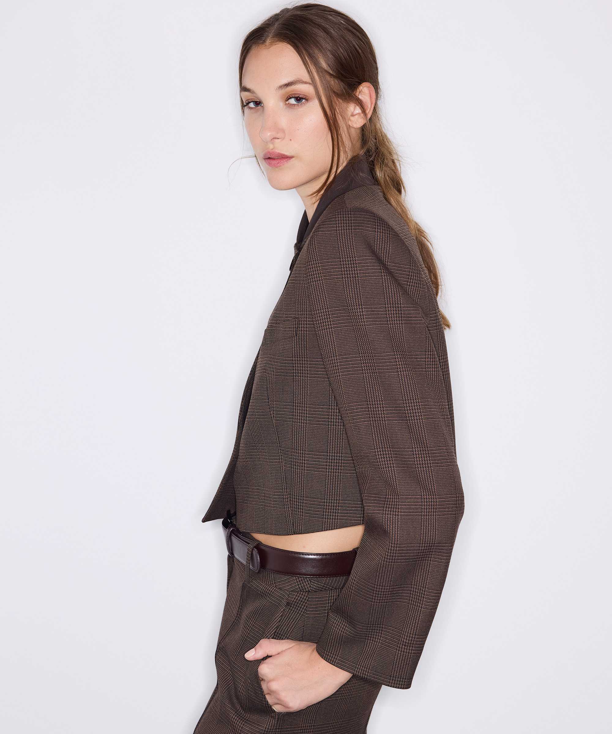 Ekose desen kontrast yaka blazer - IW6260106126074 - Kahverengi Blazer