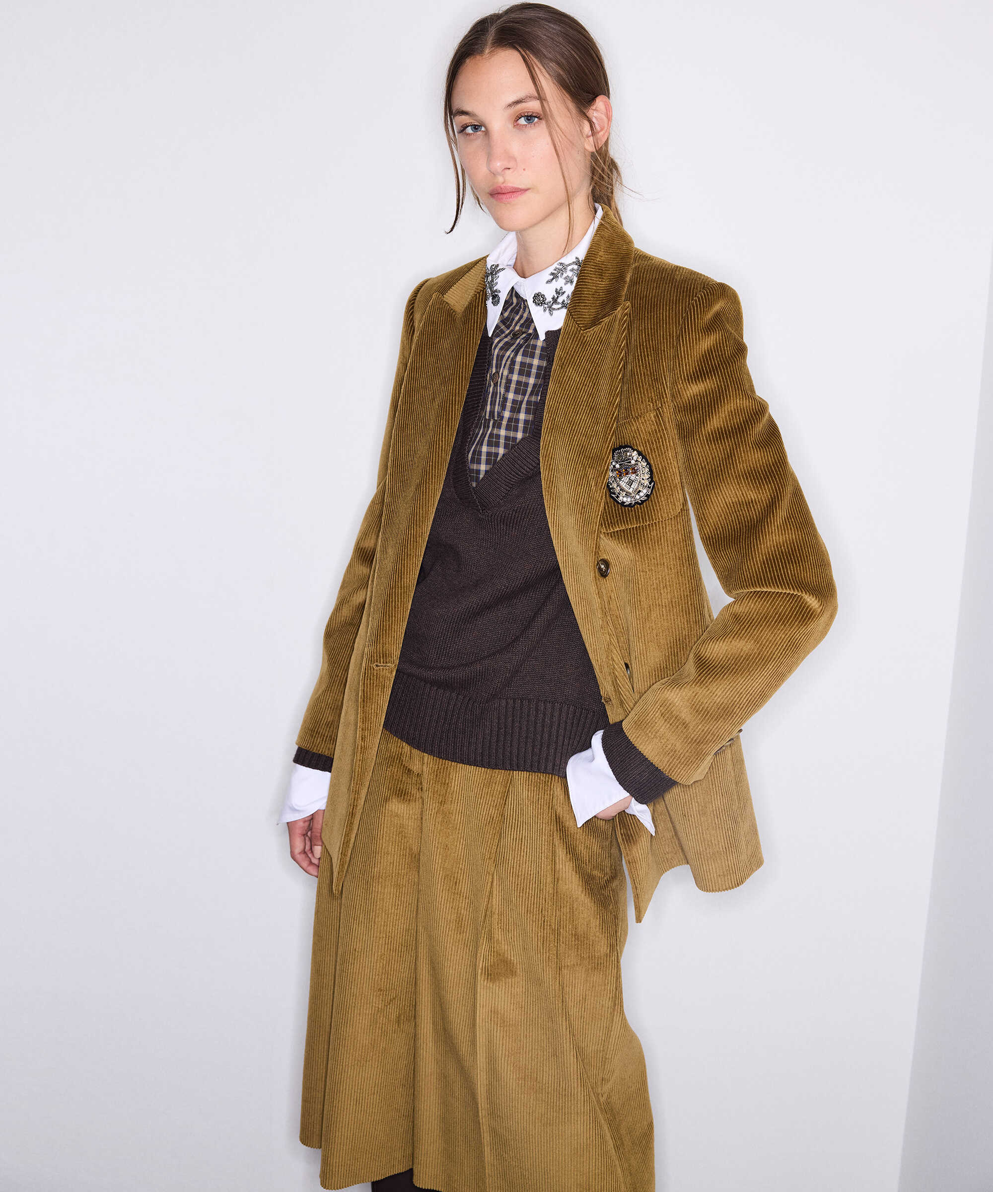 Armalı kadife blazer - IW6260106143022 - Haki Blazer