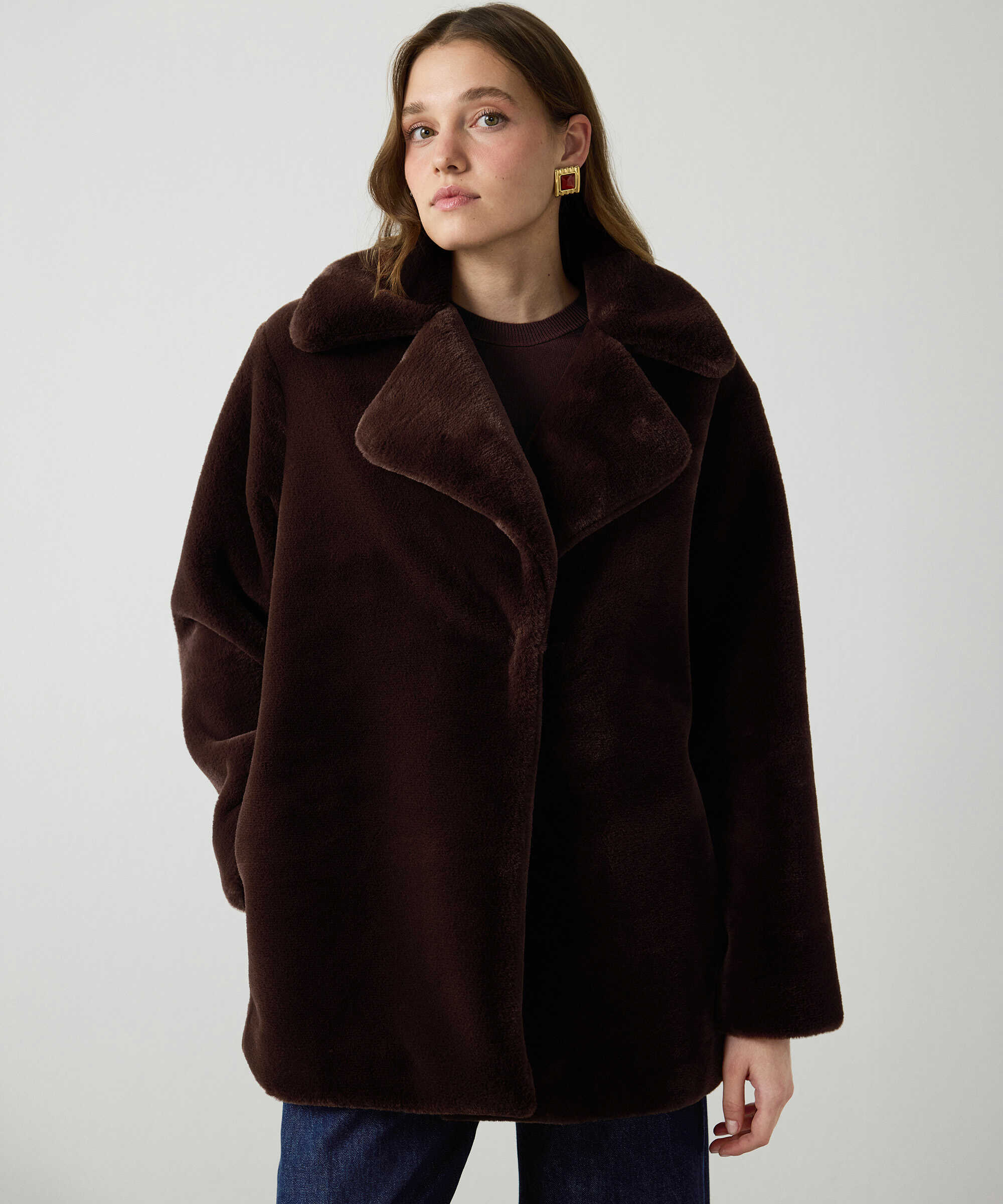 Geniş yakalı oversize suni kürk - IW6260149101074 - Kahverengi Suni Kürk