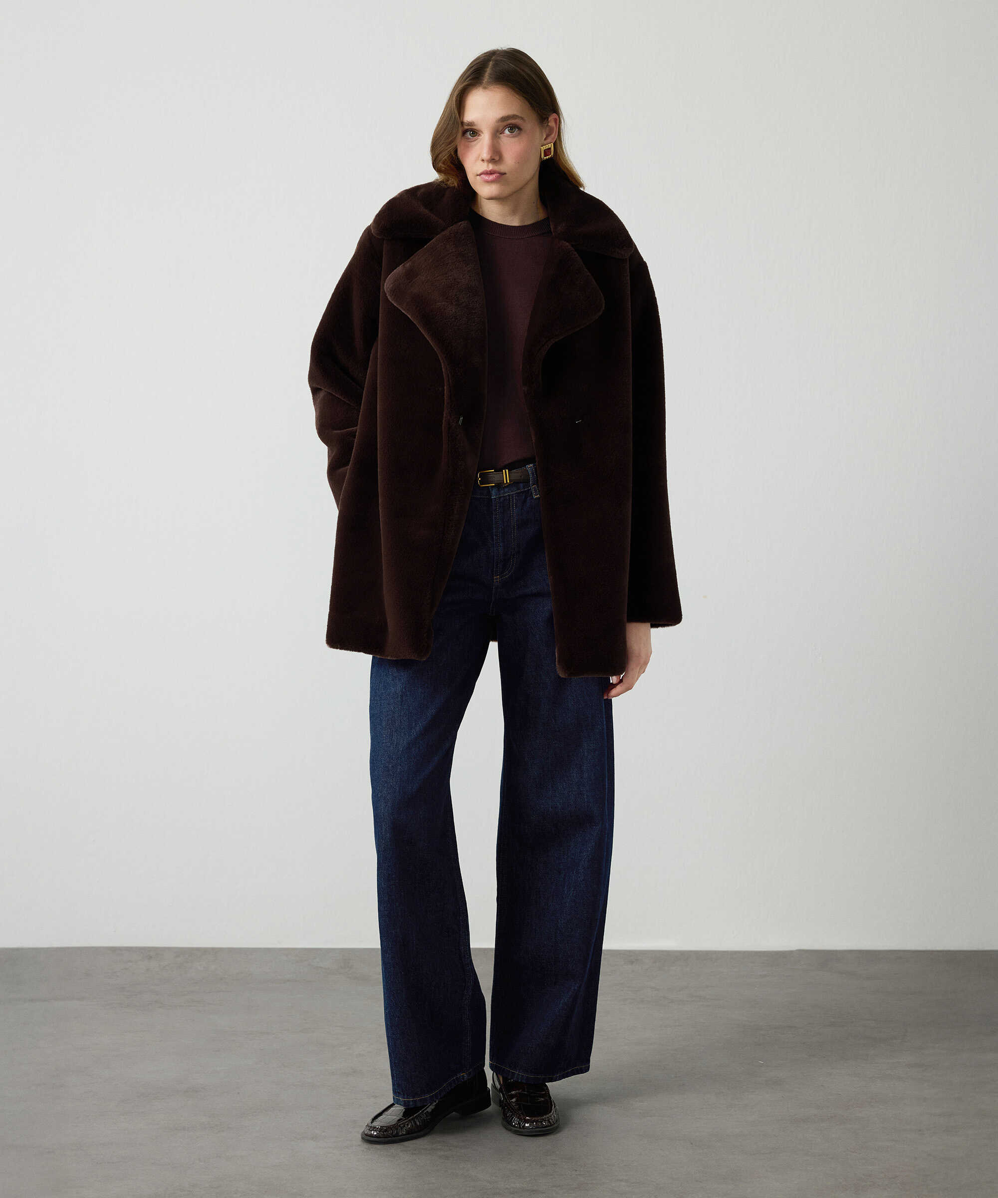 Geniş yakalı oversize suni kürk - IW6260149101074 - Kahverengi Suni Kürk