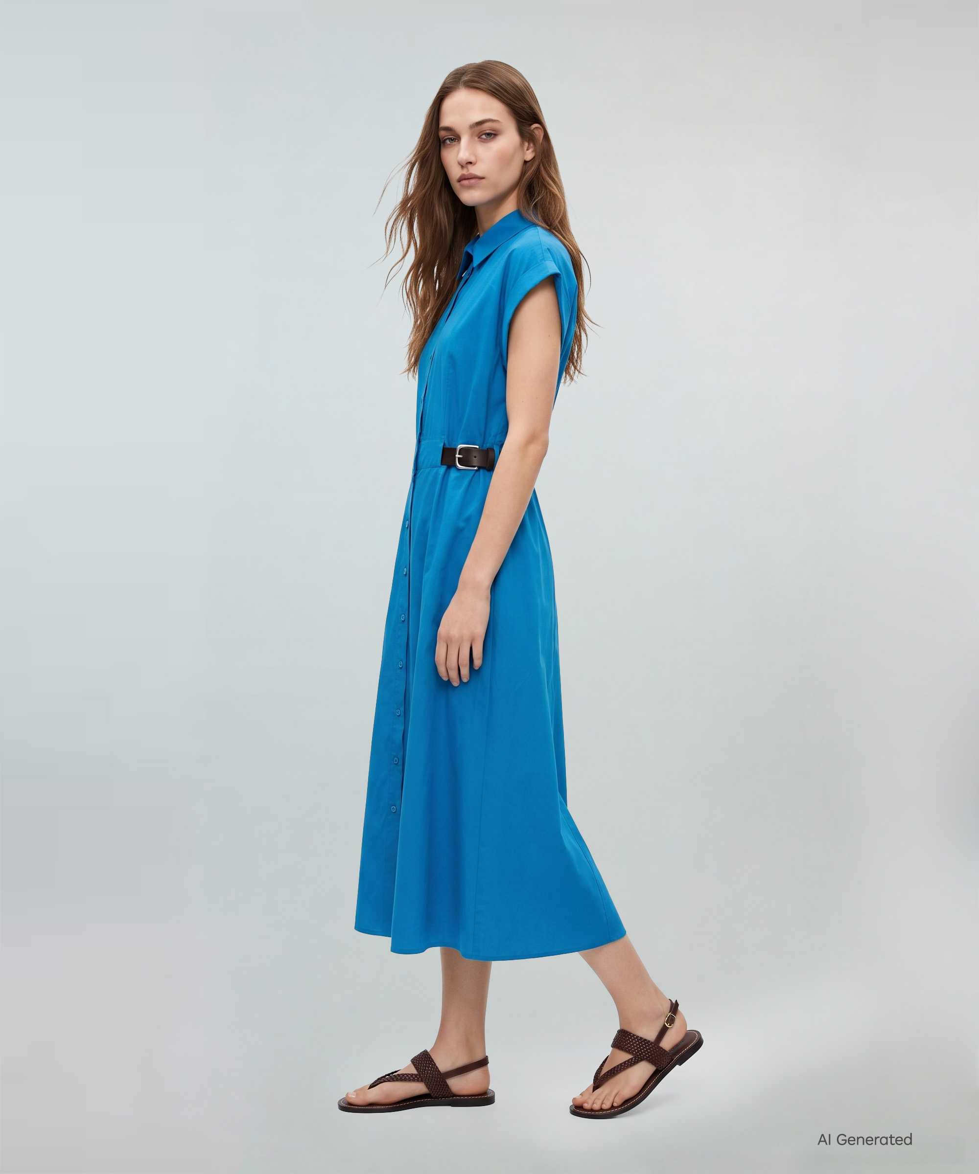 Kontrast kemerli elbise - IS1260002690089 - Mavi Elbise