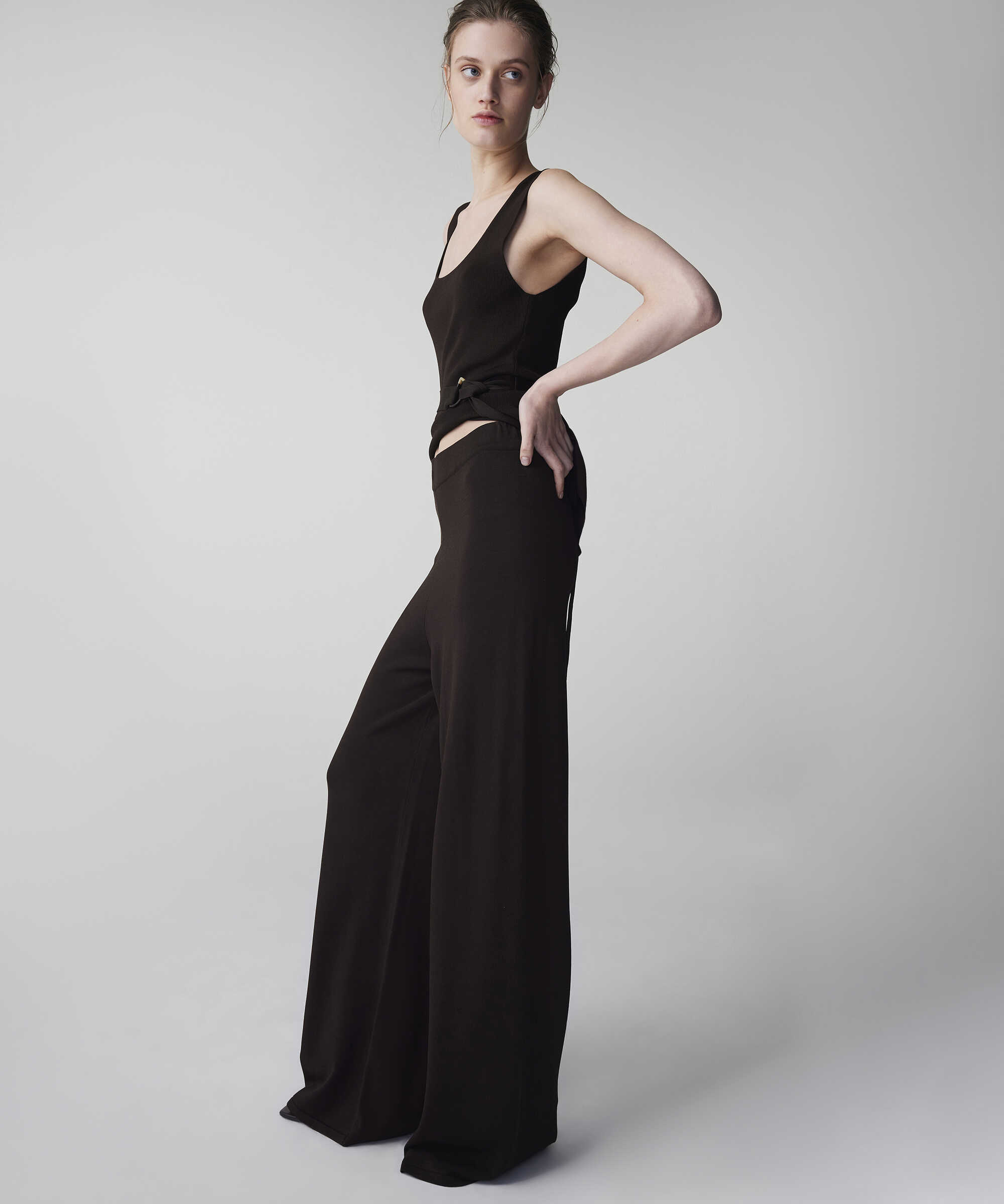 Wide leg triko pantolon - IS1260003159074 - Kahverengi Pantolon
