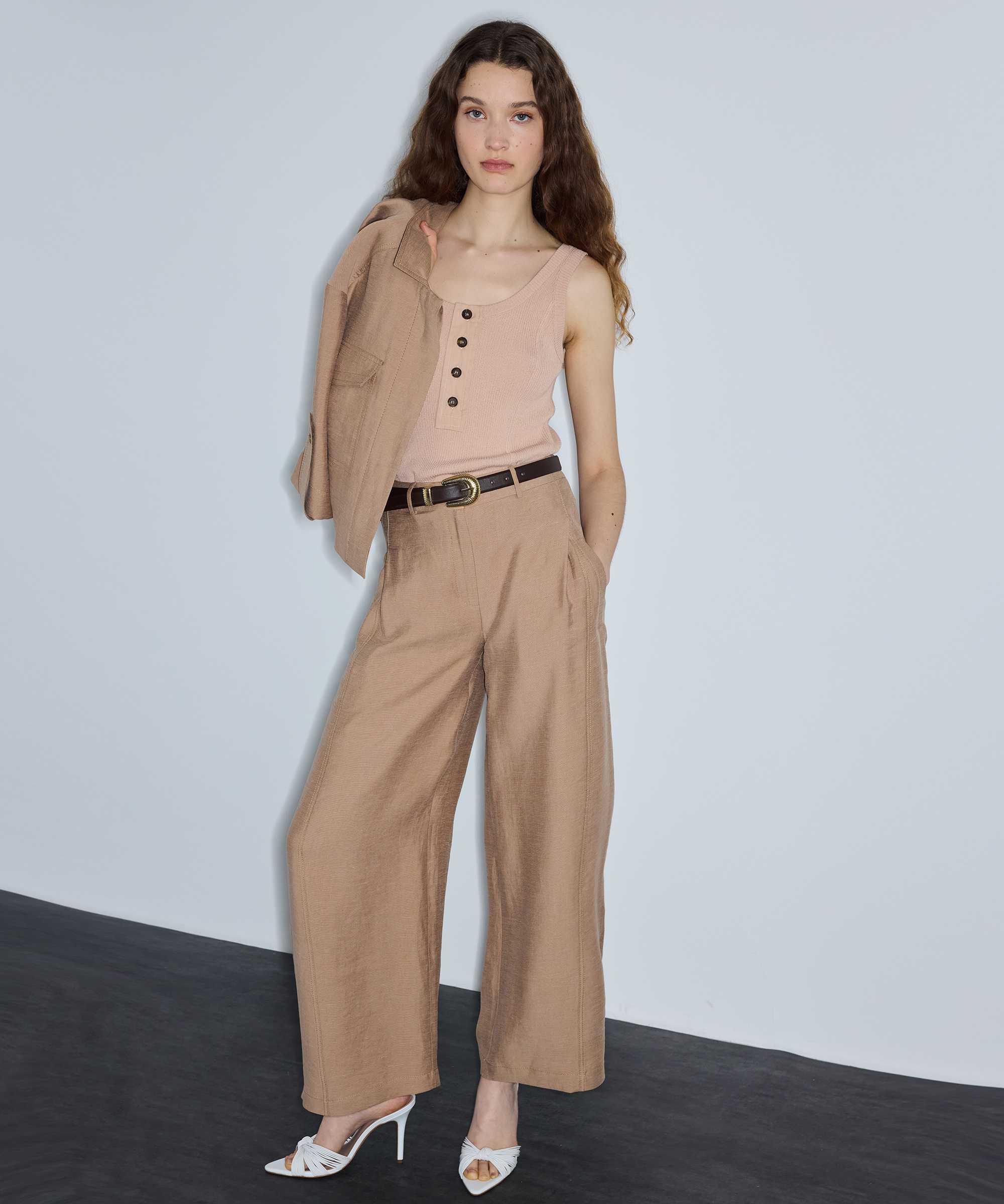 Kemerli barrel fit pantolon - IS1260003229003 - Natürel Pantolon