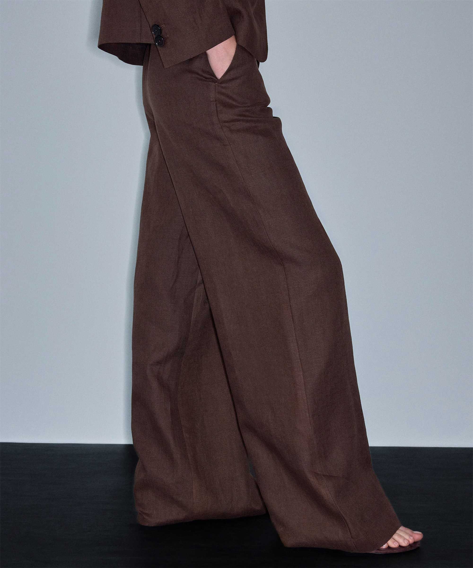 Keten wide leg pantolon - IS1260003371074 - Kahverengi Pantolon