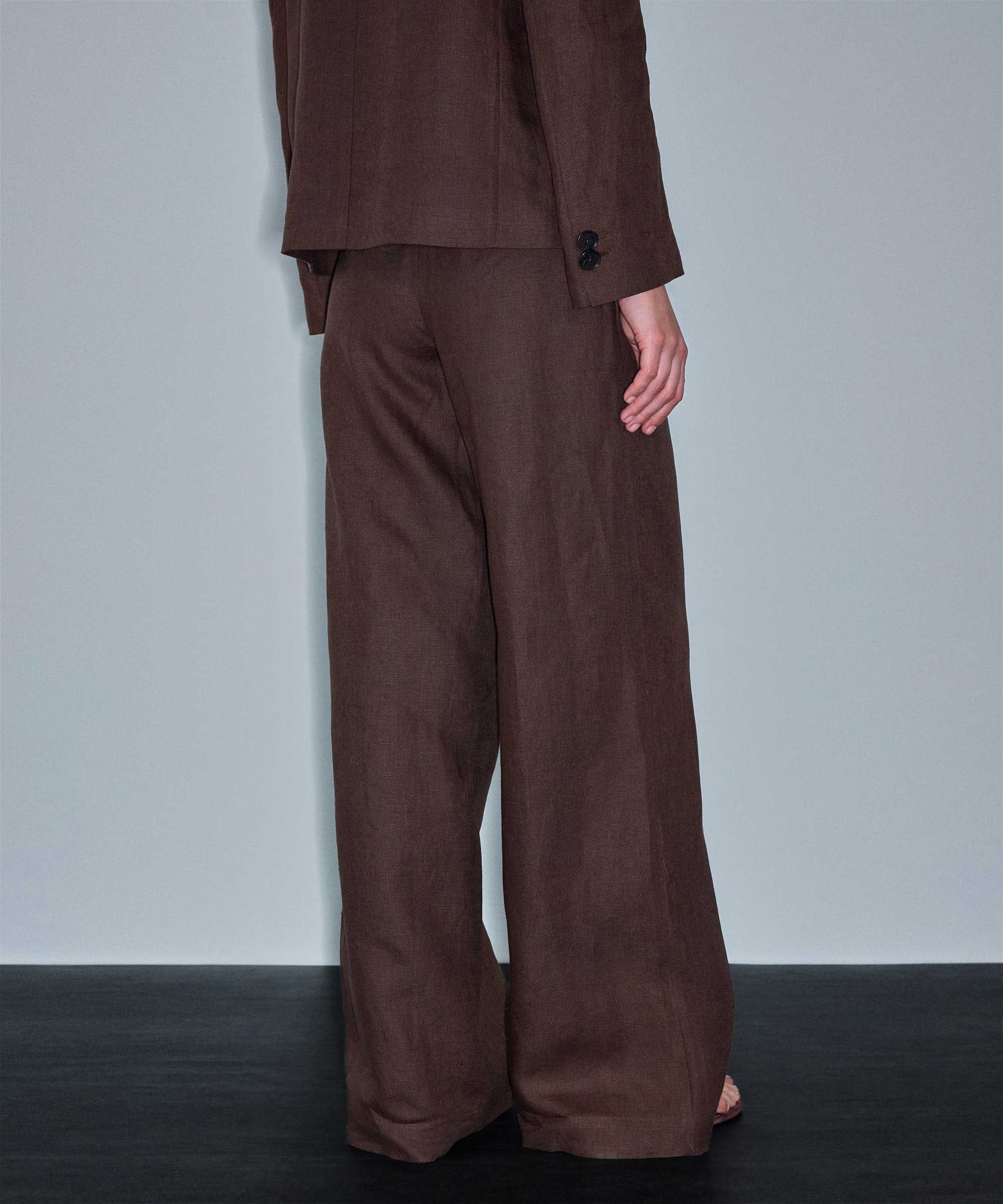 Keten wide leg pantolon - IS1260003371074 - Kahverengi Pantolon