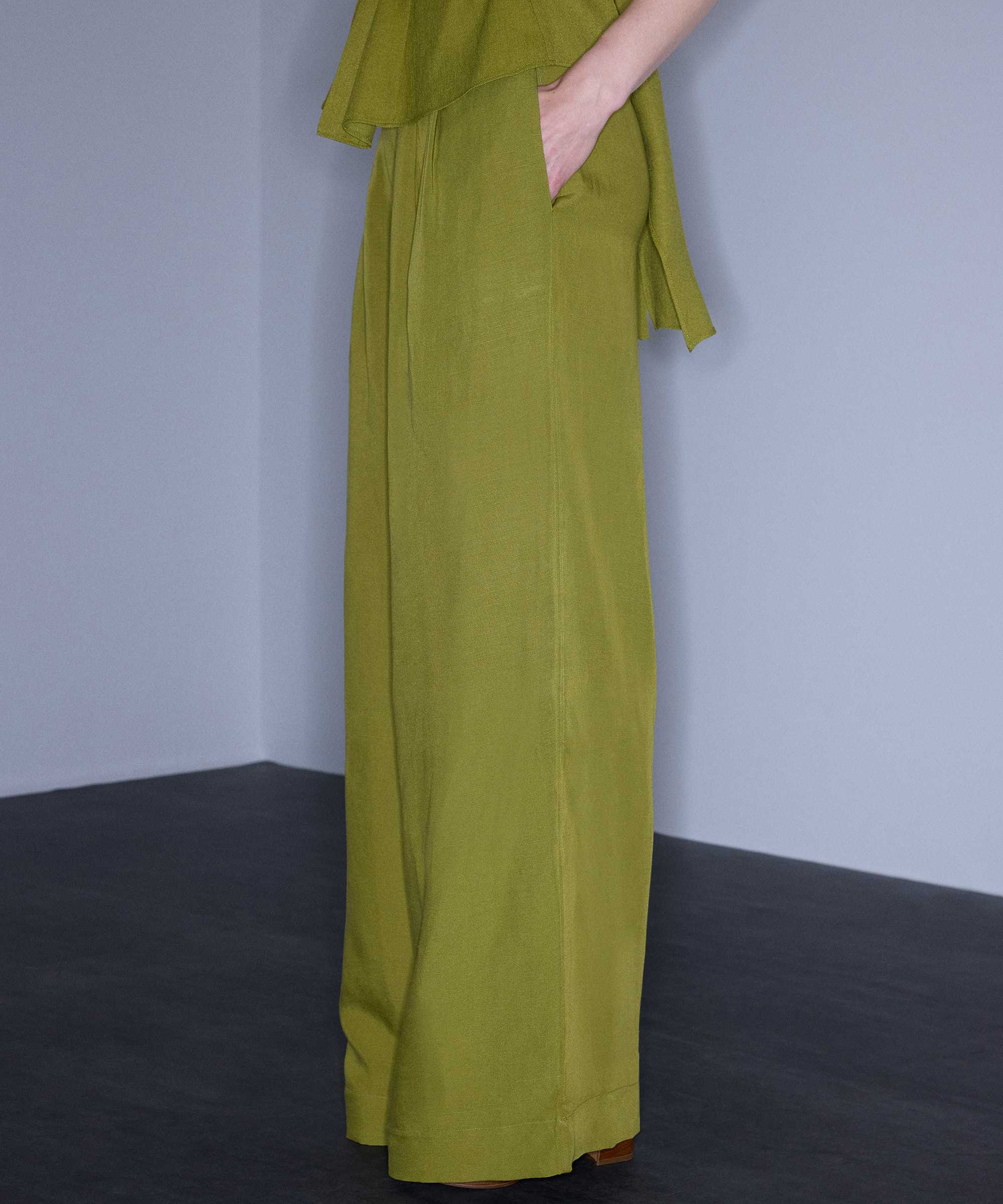 Wide leg elastik bel pantolon - IS1260003379198 - Yağ Yeşili Pantolon