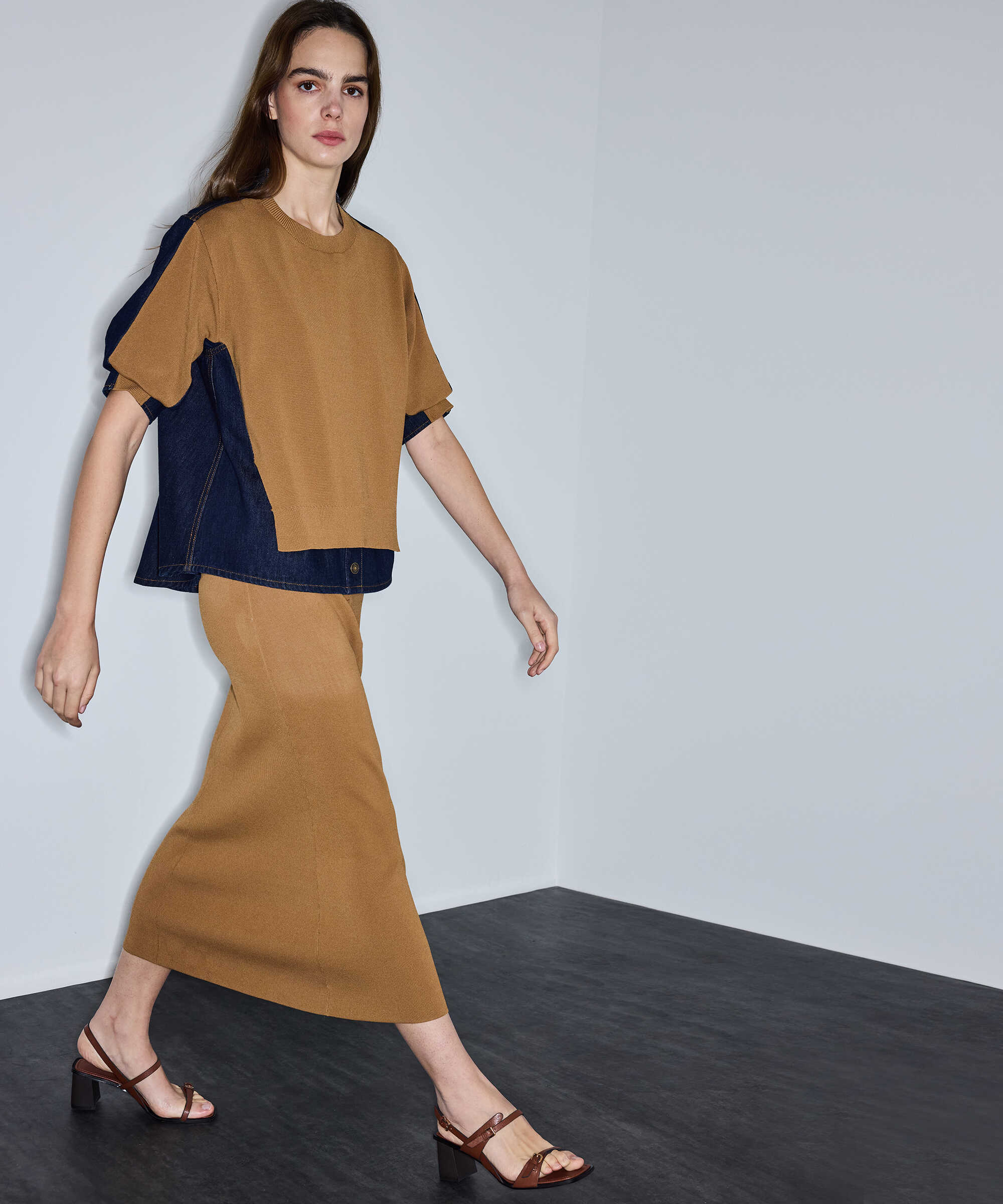 Denim mix colorblock etek - IS1260004071053 - Tütün Etek
