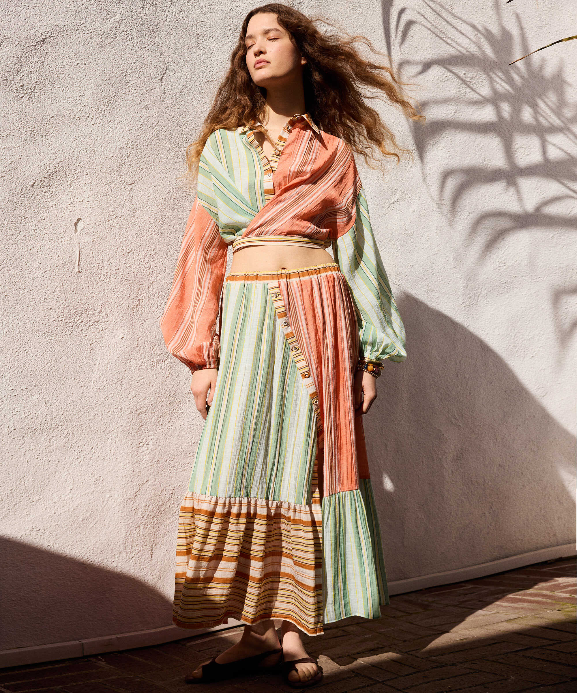 Çizgili colorblock etek - IS1260004112019 - Somon Etek