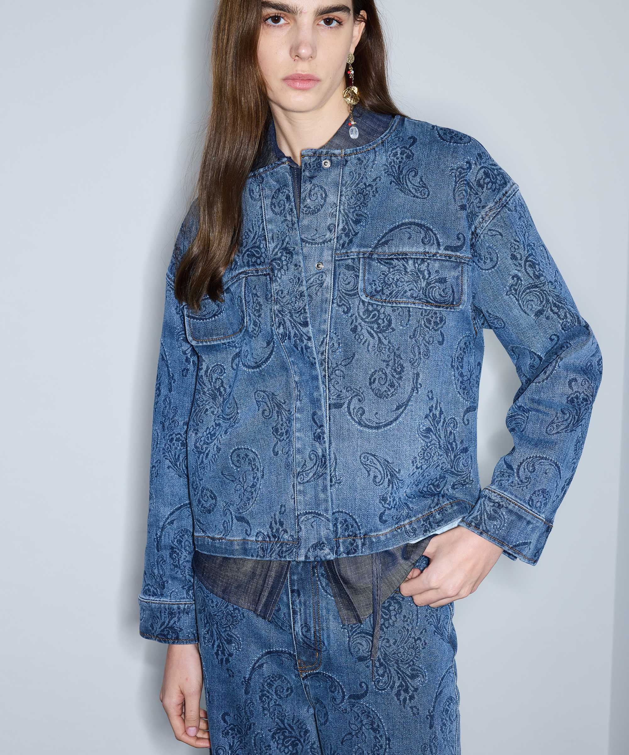 Etnik desen baskılı denim ceket - IS1260005100AC7 - Koyu İndigo Ceket