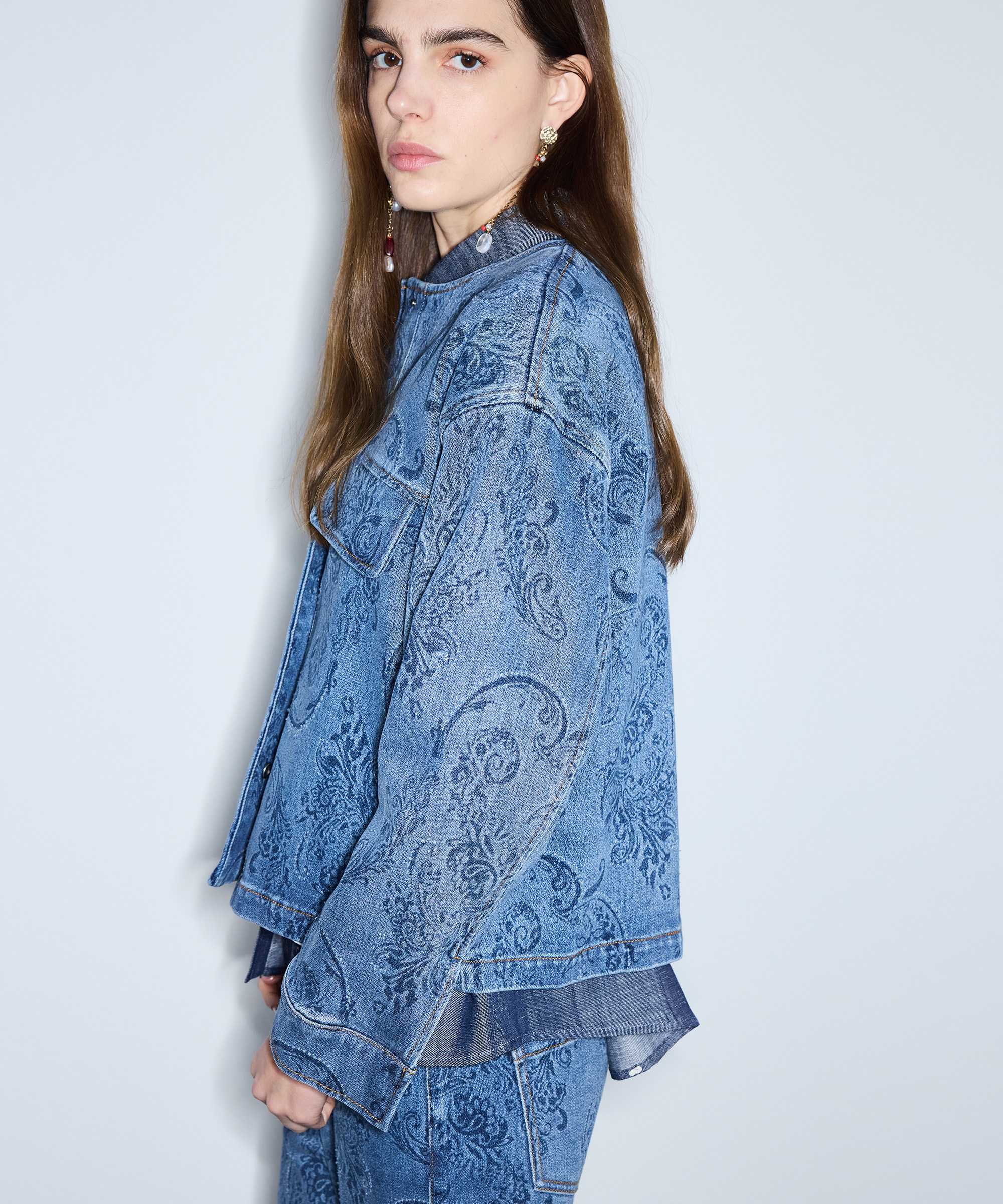 Etnik desen baskılı denim ceket - IS1260005100AC7 - Koyu İndigo Ceket