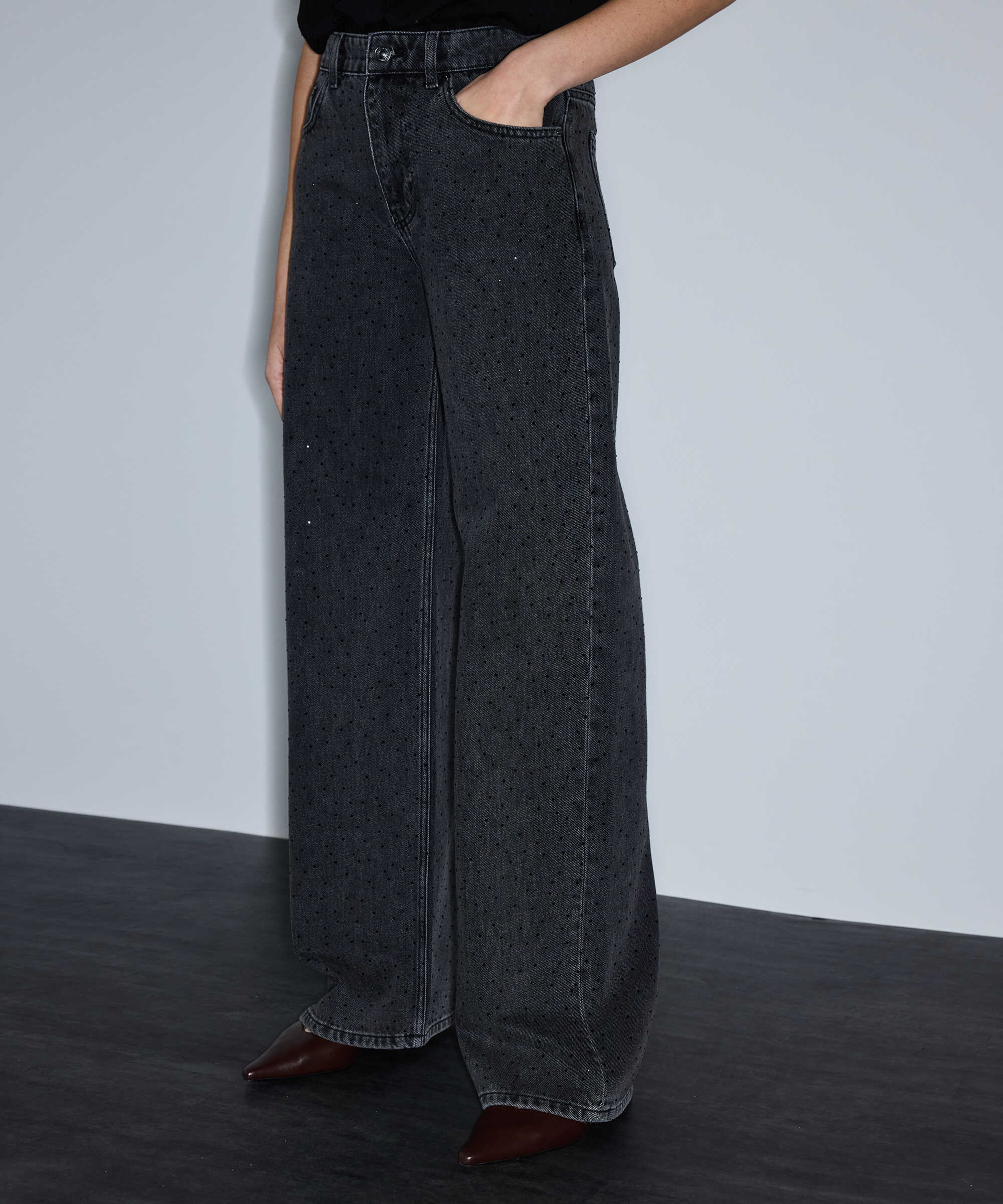 Hotfix baskılı wide leg jean pantolon - IS1260018015001 - Siyah Jean Pantolon