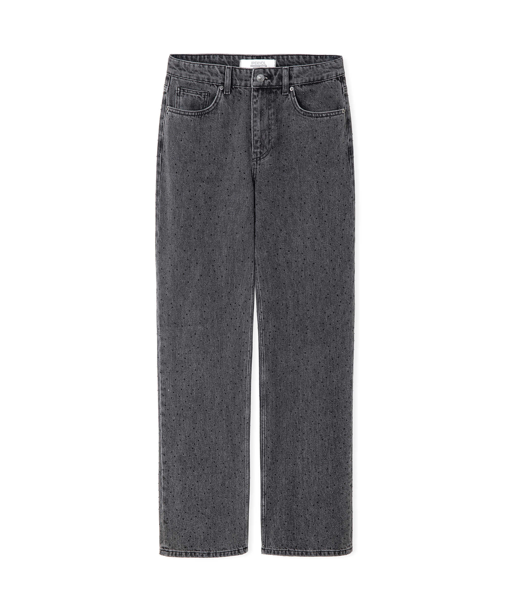 Hotfix baskılı wide leg jean pantolon - IS1260018015001 - Siyah Jean Pantolon