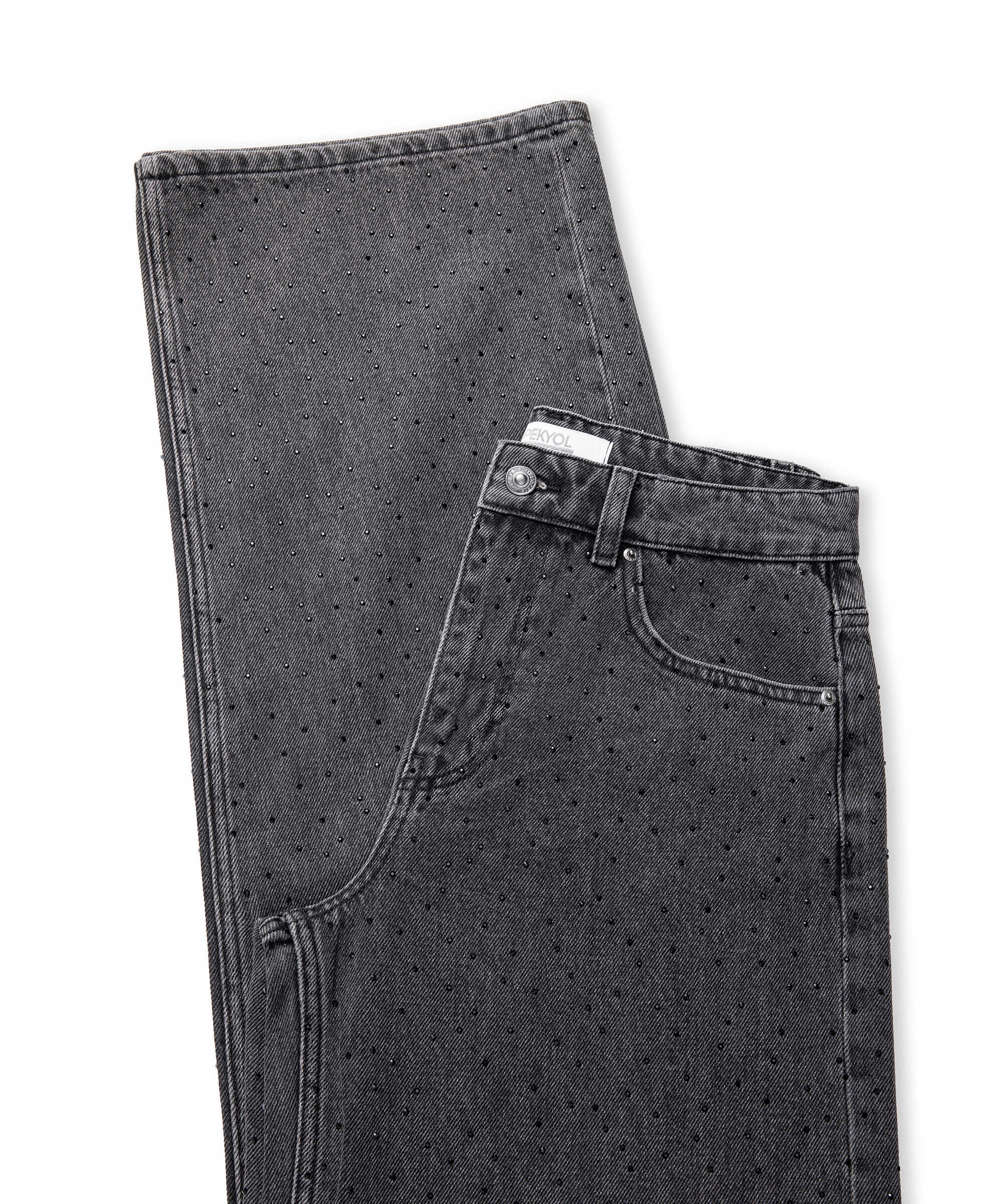 Hotfix baskılı wide leg jean pantolon - IS1260018015001 - Siyah Jean Pantolon