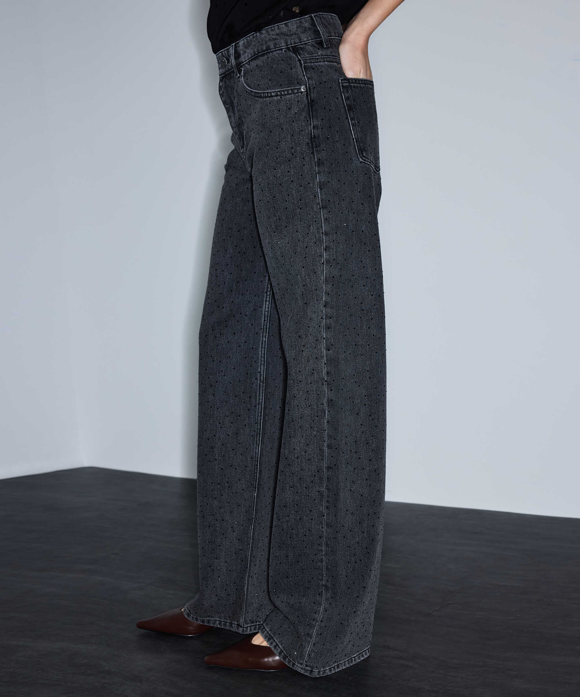 Hotfix baskılı wide leg jean pantolon - IS1260018015001 - Siyah Jean Pantolon