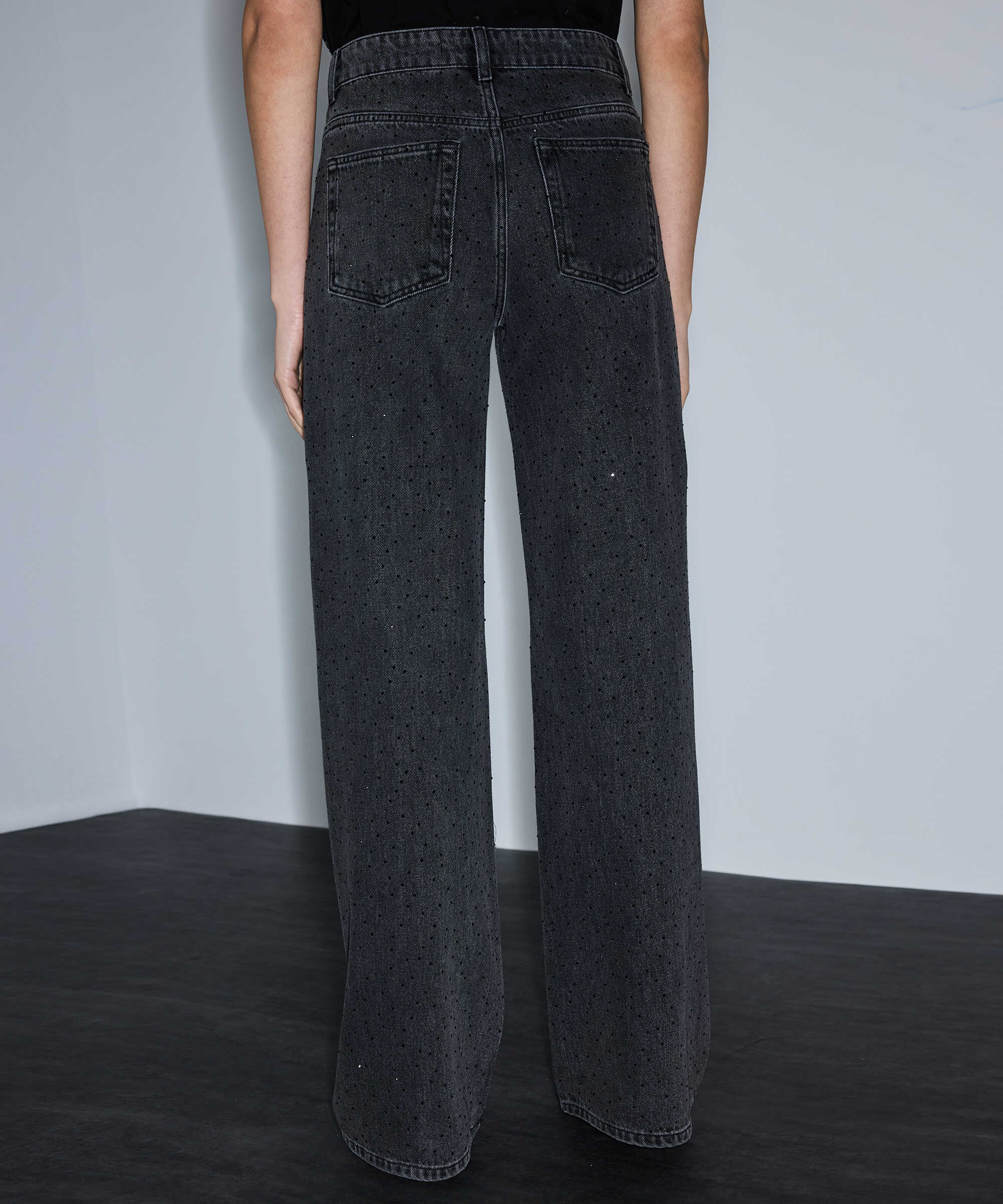 Hotfix baskılı wide leg jean pantolon - IS1260018015001 - Siyah Jean Pantolon