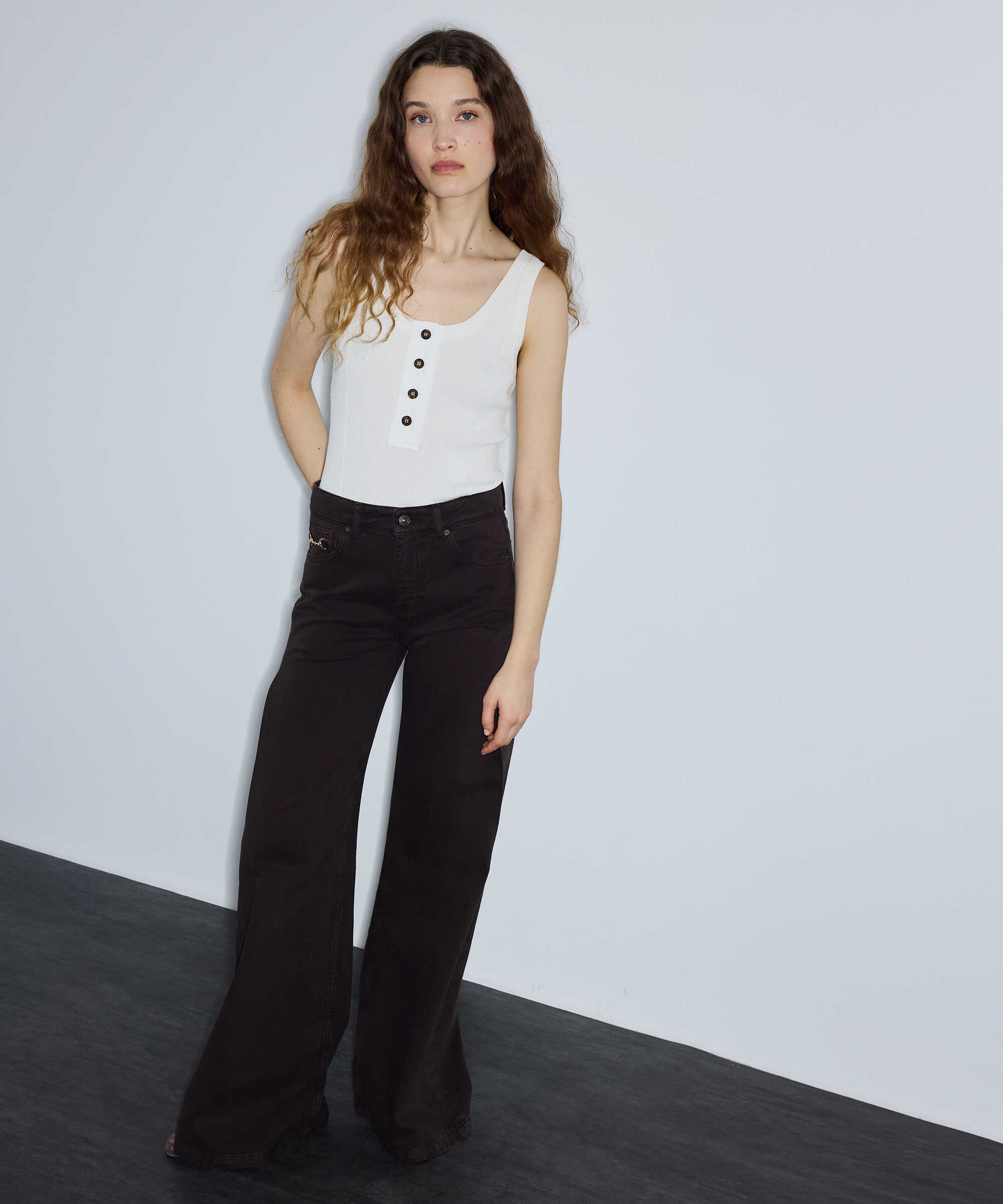 Zincirli wide leg jean pantolon - IS1260018043074 - Kahverengi Jean Pantolon