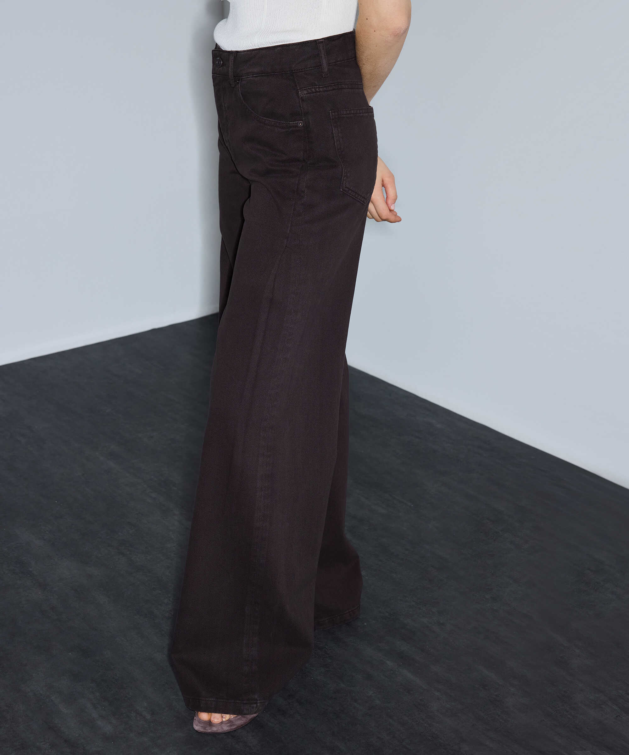 Zincirli wide leg jean pantolon - IS1260018043074 - Kahverengi Jean Pantolon