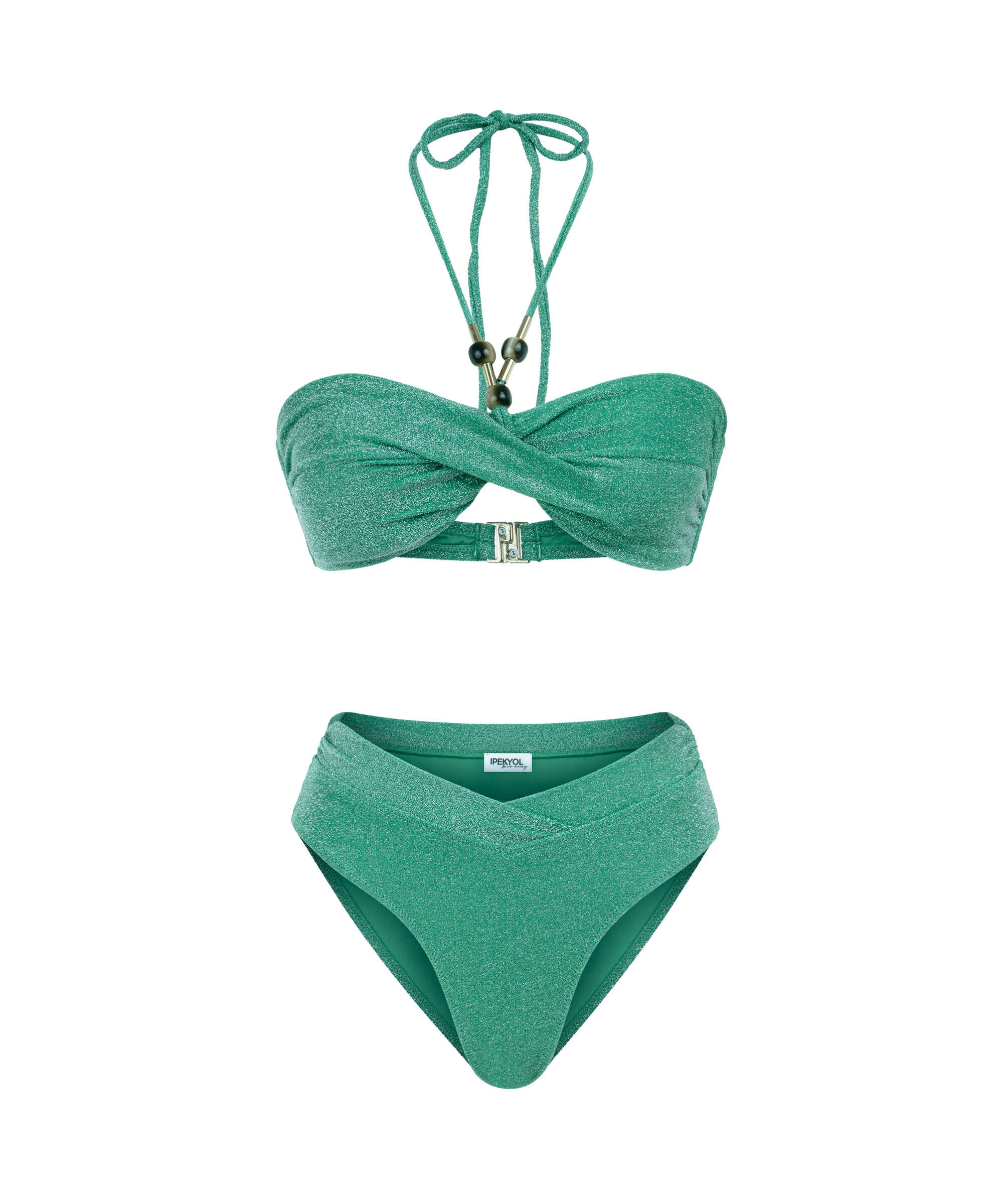 Boncuk aksesuarlı lurex bikini seti - IS1260038010070 - Yeşil Bikini