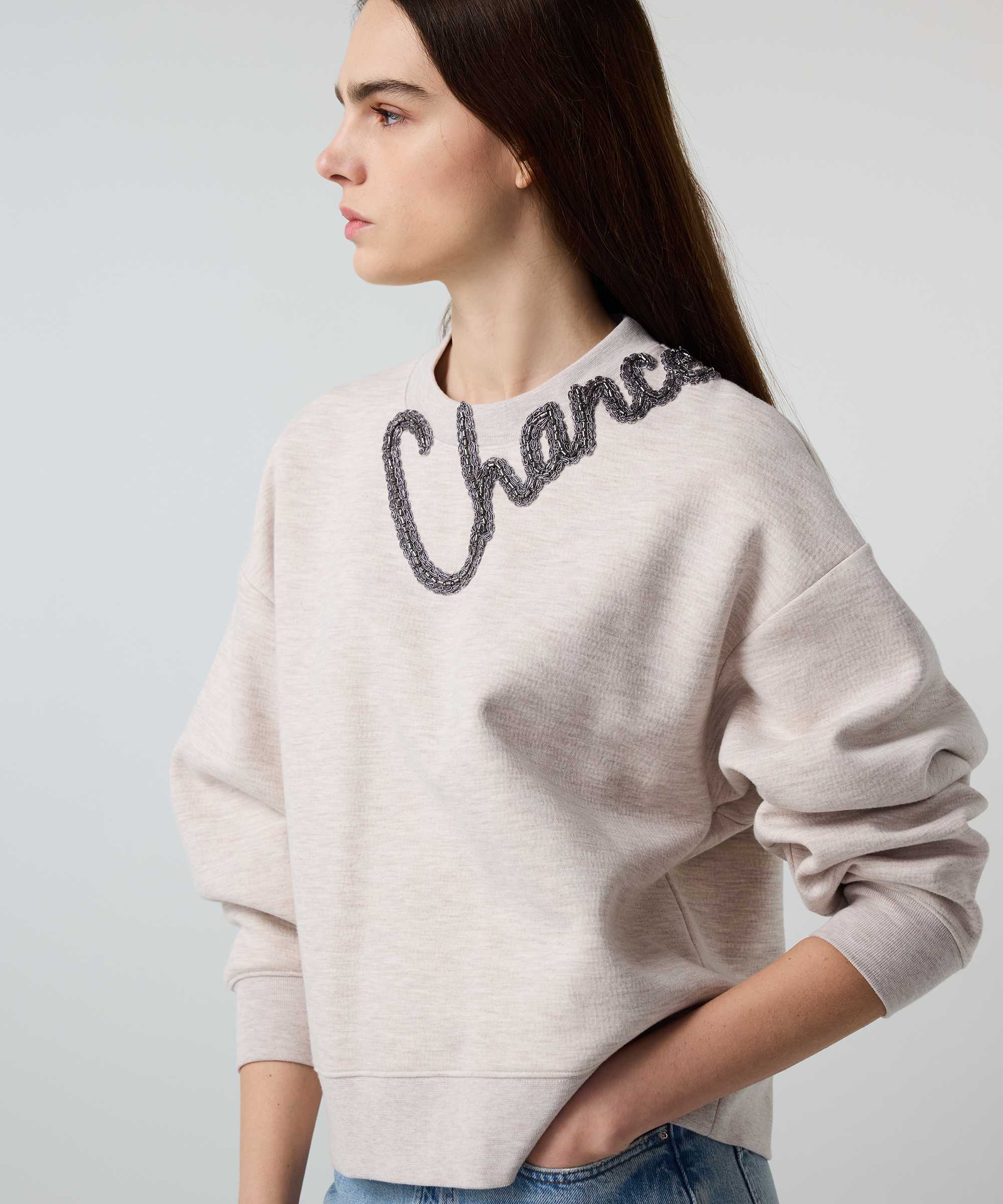 Slogan nakışlı boncuklu sweatshirt - IS1260091008023 - Bej Sweatshirt