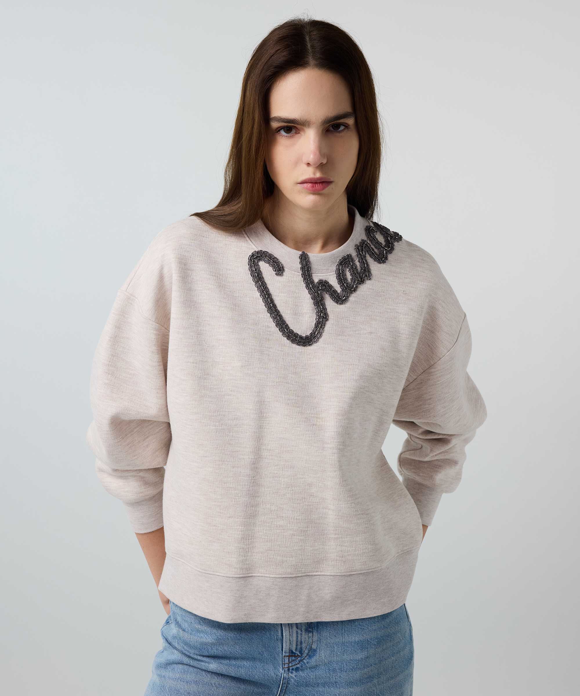 Slogan nakışlı boncuklu sweatshirt - IS1260091008023 - Bej Sweatshirt