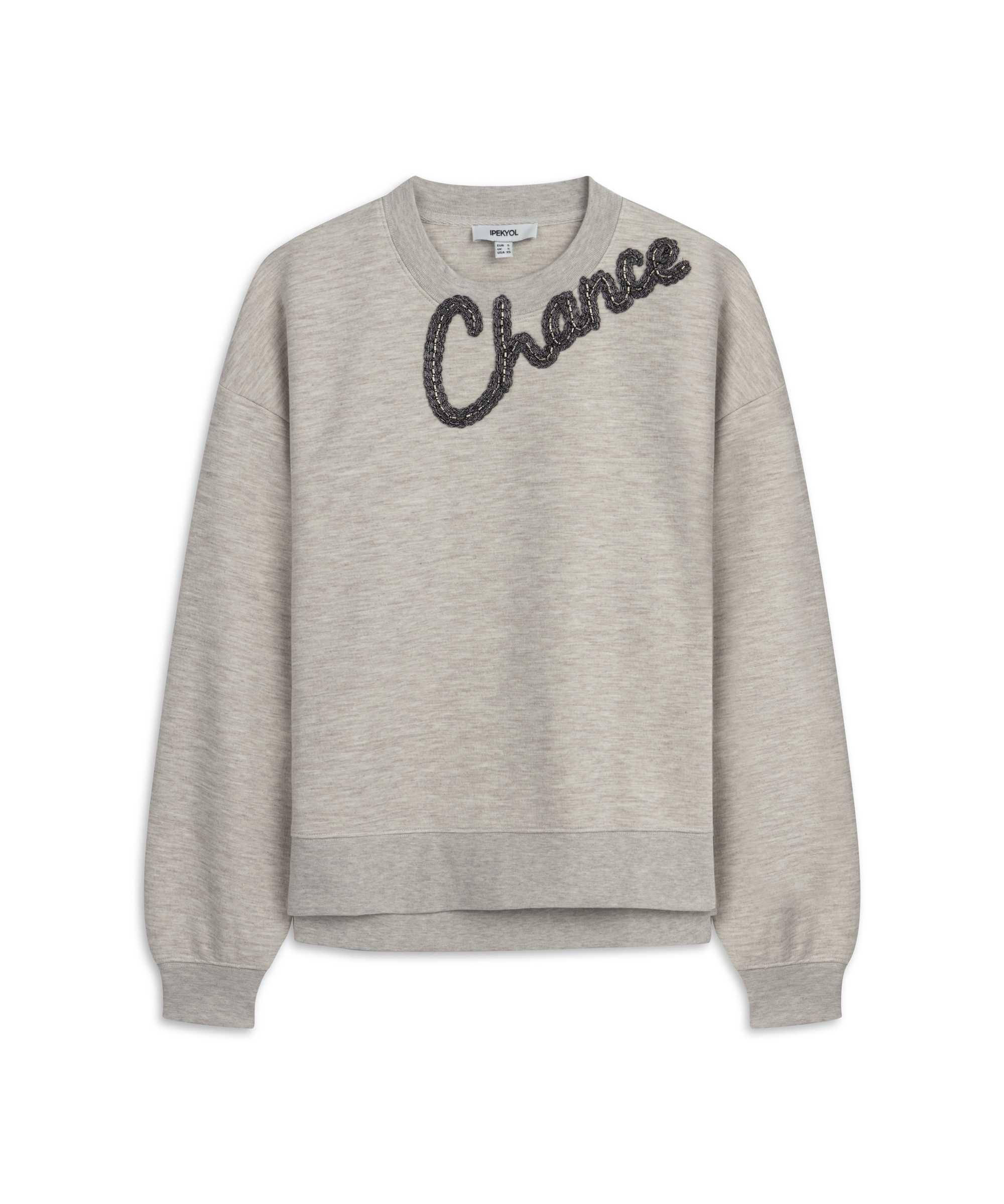 Slogan nakışlı boncuklu sweatshirt - IS1260091008023 - Bej Sweatshirt