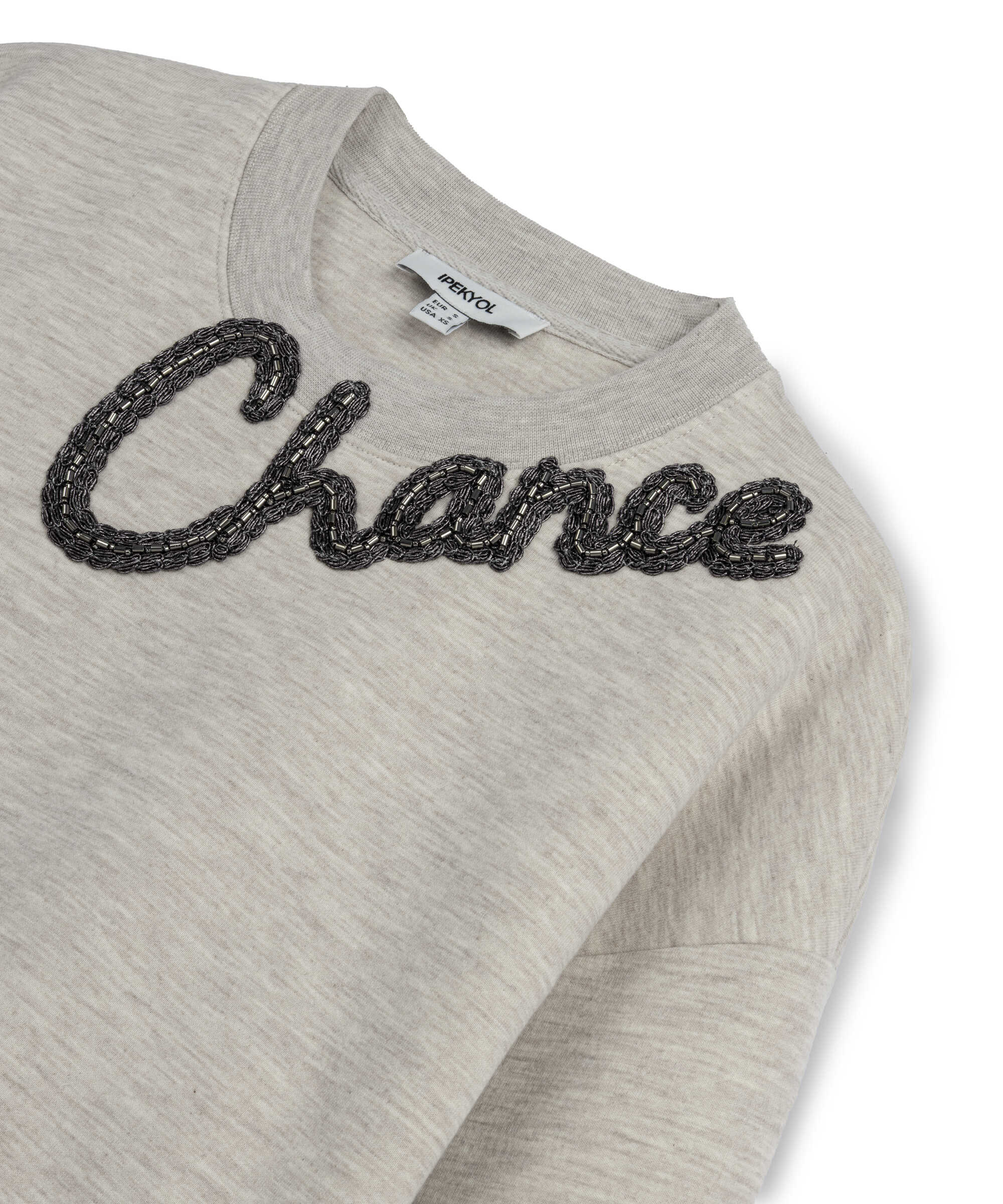 Slogan nakışlı boncuklu sweatshirt - IS1260091008023 - Bej Sweatshirt
