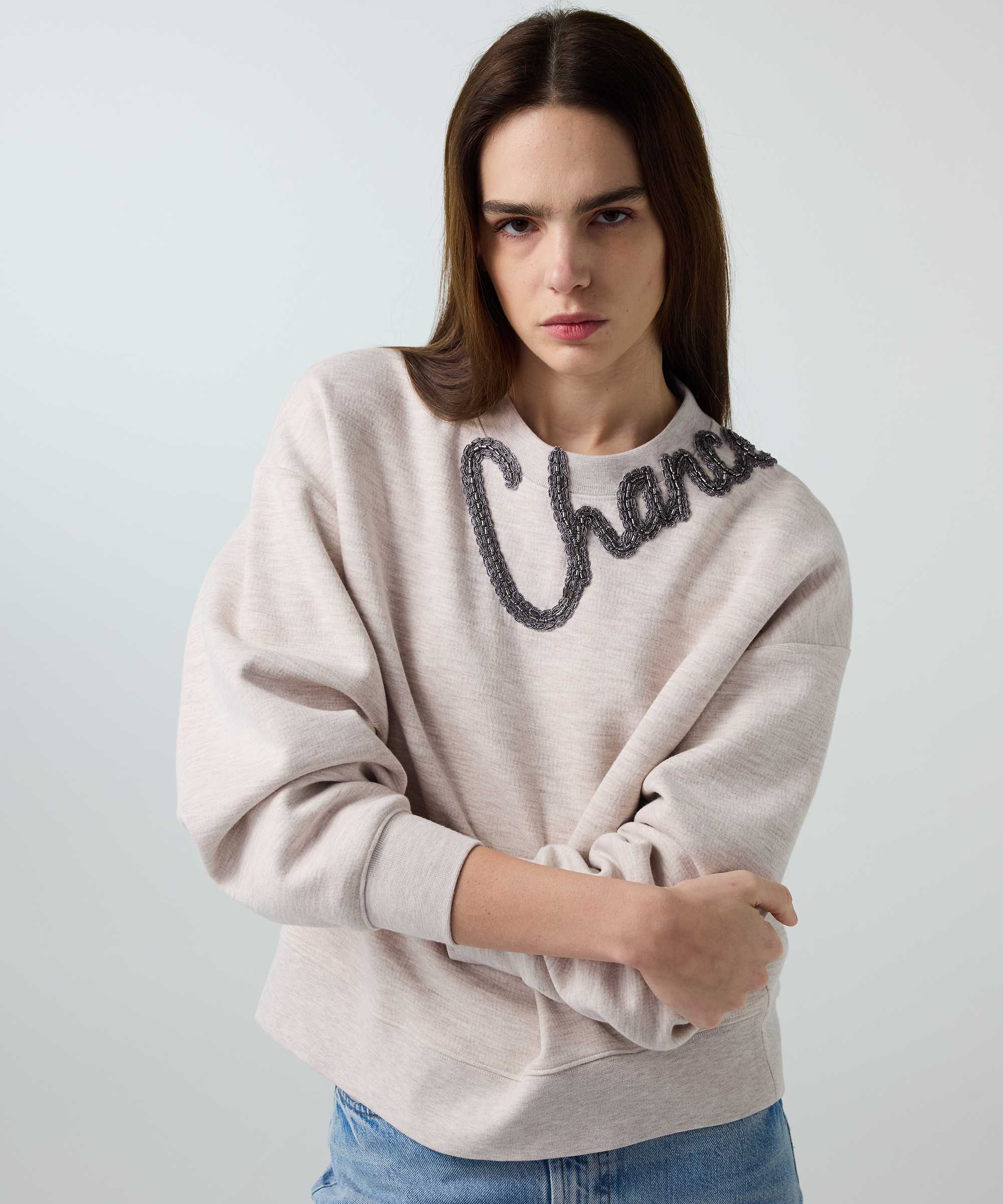 Slogan nakışlı boncuklu sweatshirt - IS1260091008023 - Bej Sweatshirt